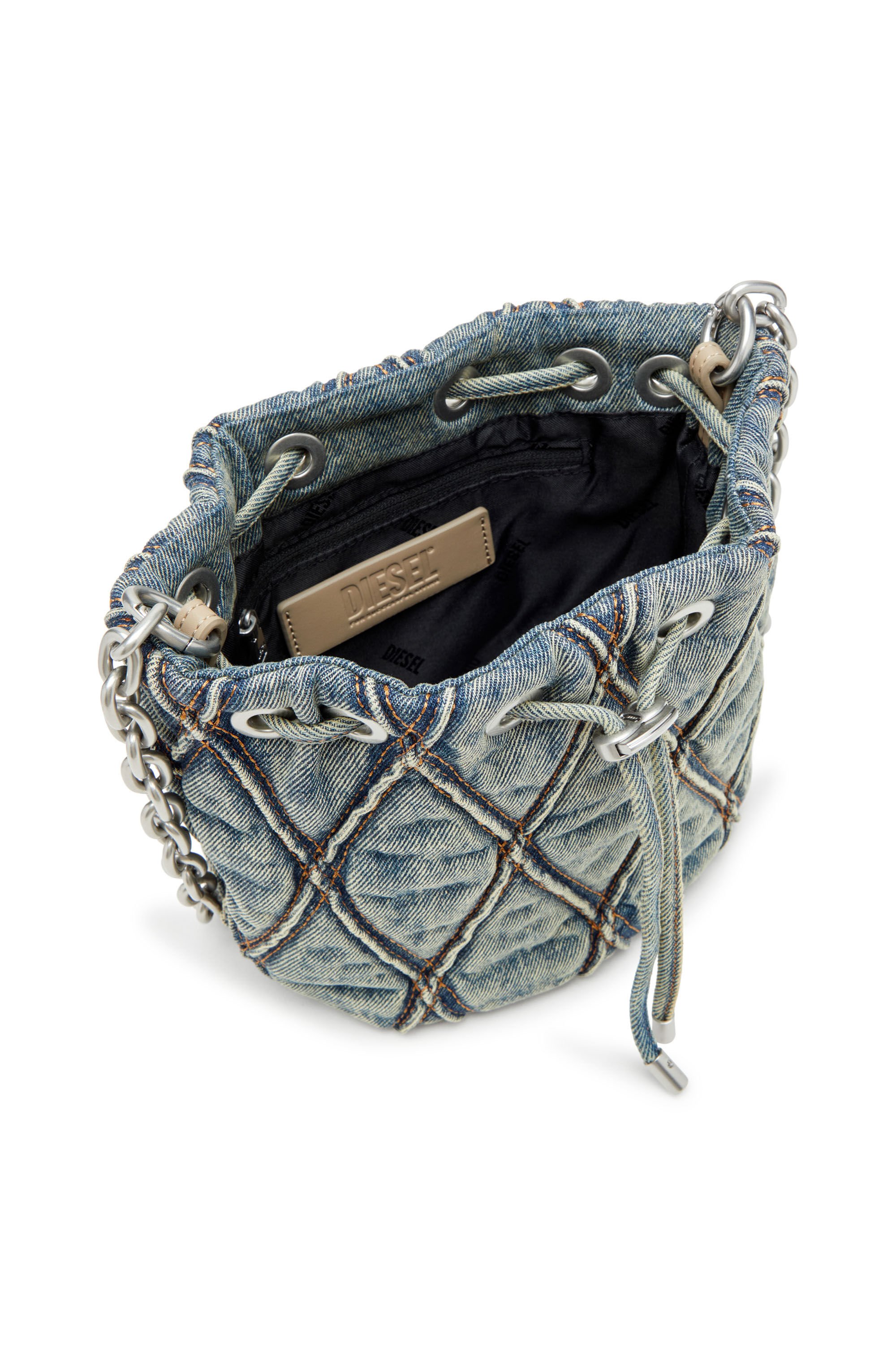 Diesel - CHARM-D BUCKET S, Female's Charm-D S-Mini bucket bag in argyle quilted denim in ブルー - 5