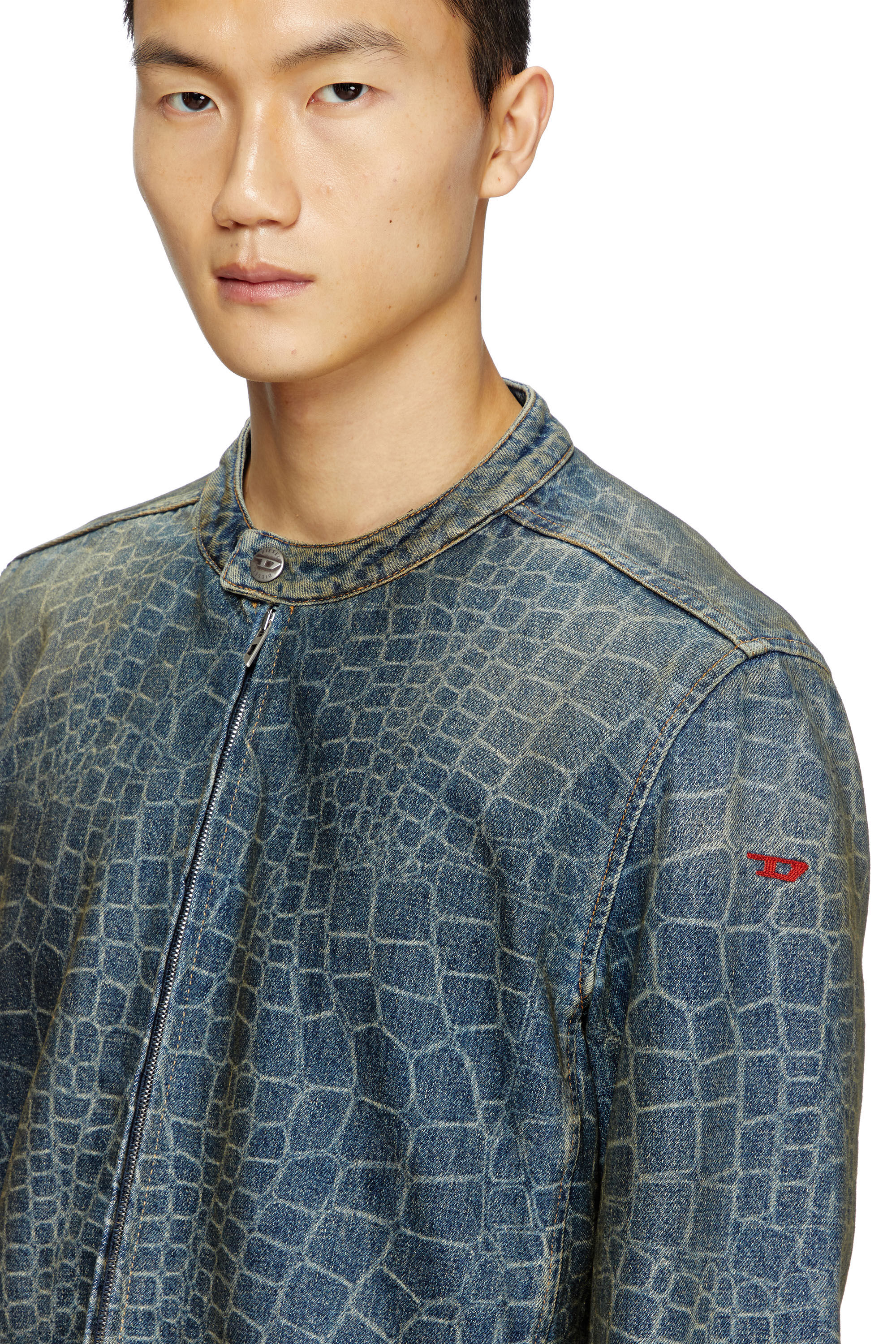 CL-D-GLORY-SNAKE Moto jacket in snake-print denim｜ブルー