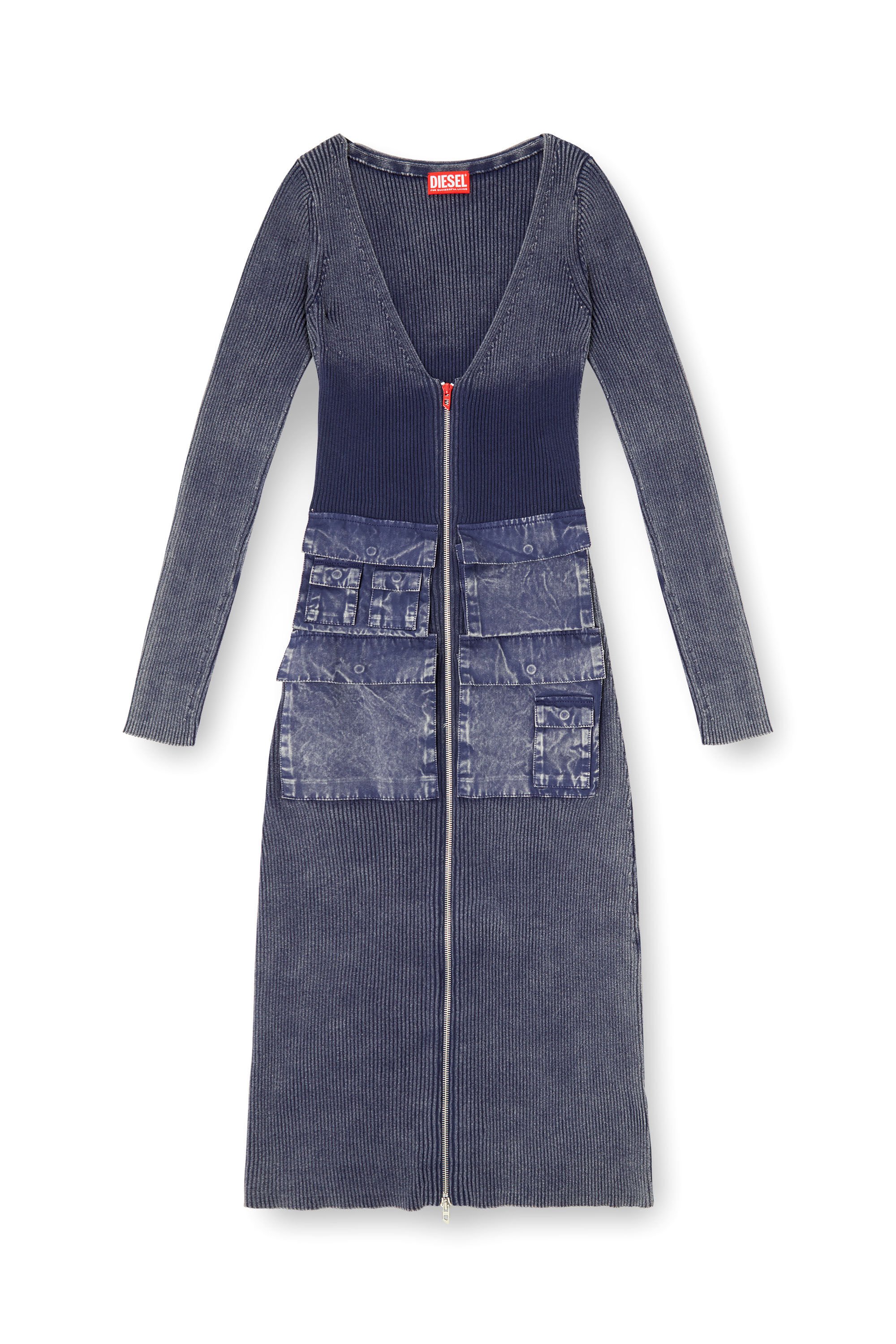 Diesel - M-MELTI-LS, Female's Ribbed midi dress with denim treatment in ブルー - 2