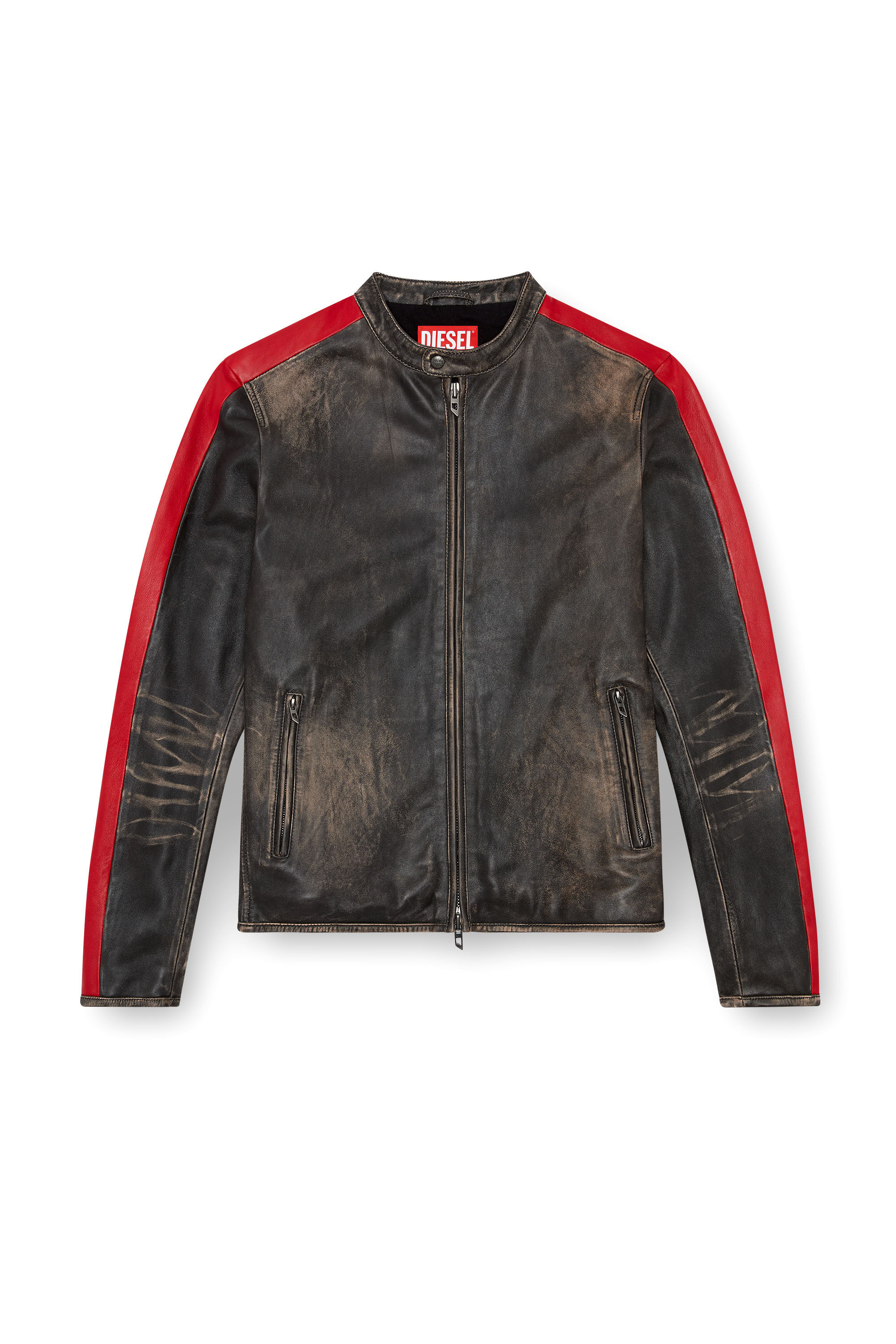 Diesel - L-RENN, Male's Leather jacket with contrasting stripes in ブラック/レッド - 2