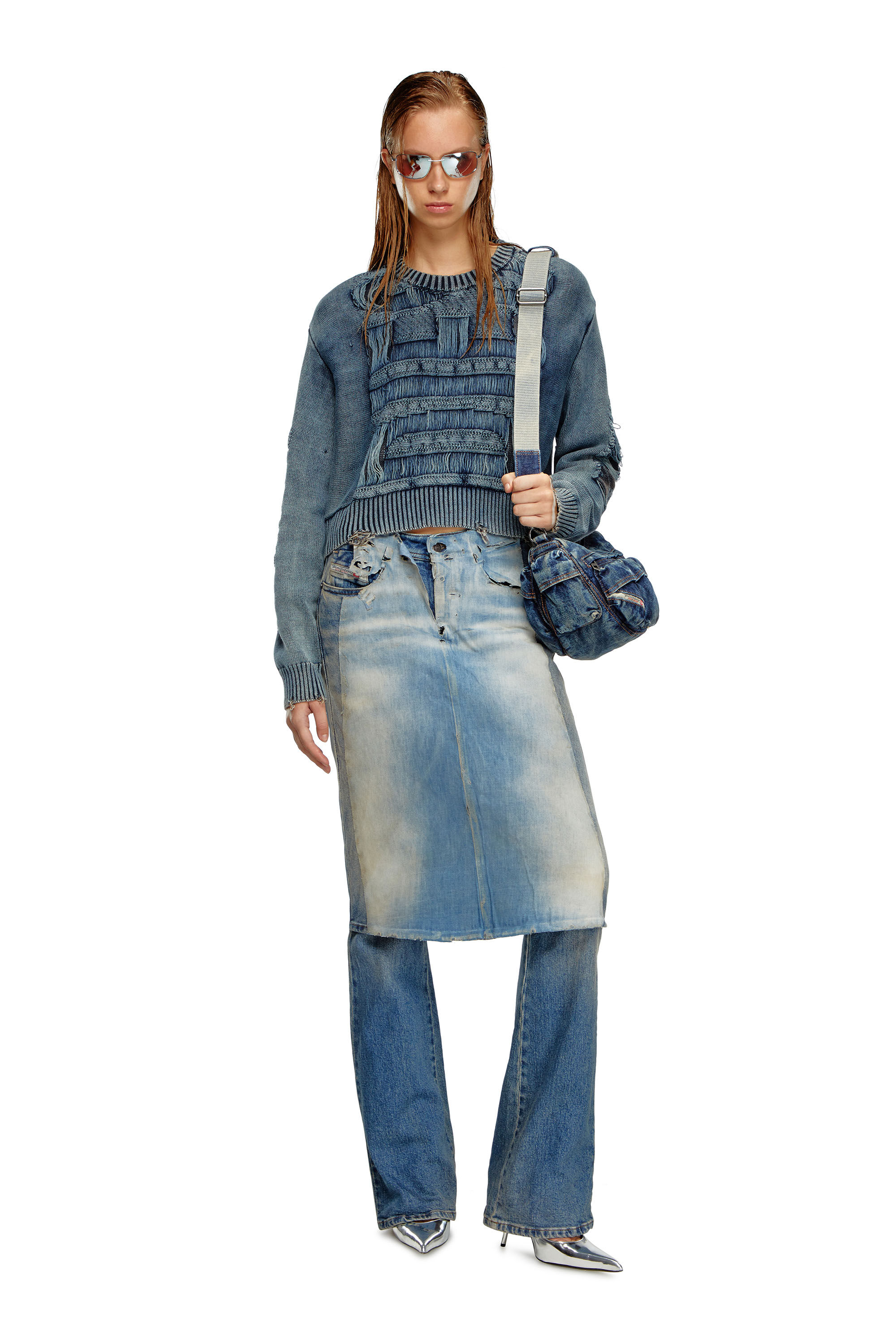 M-ROTTA Destroyed jumper with floating yarn logo｜ブルー 