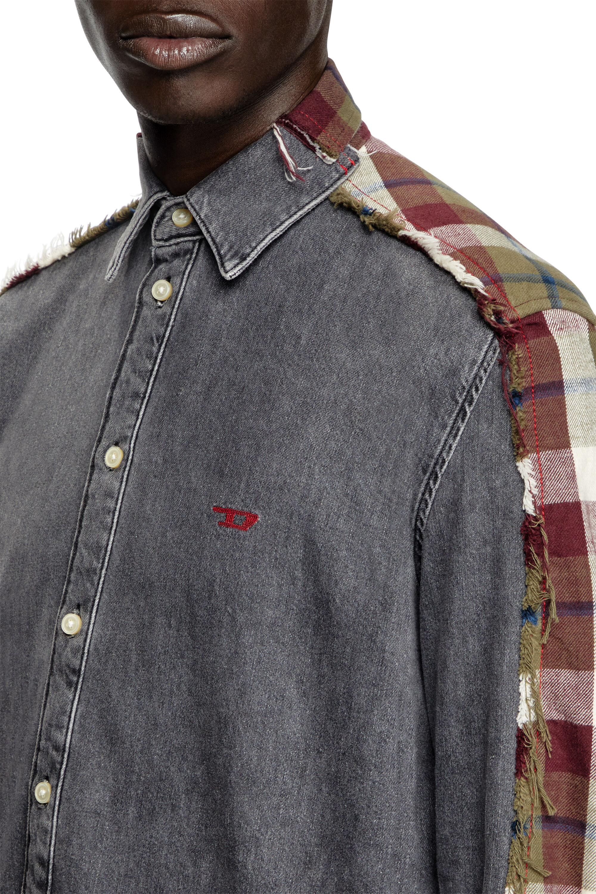 Diesel - Shirt Dieseloves 7A, Unisex's Denim and check shirt in グレー/レッド - 6