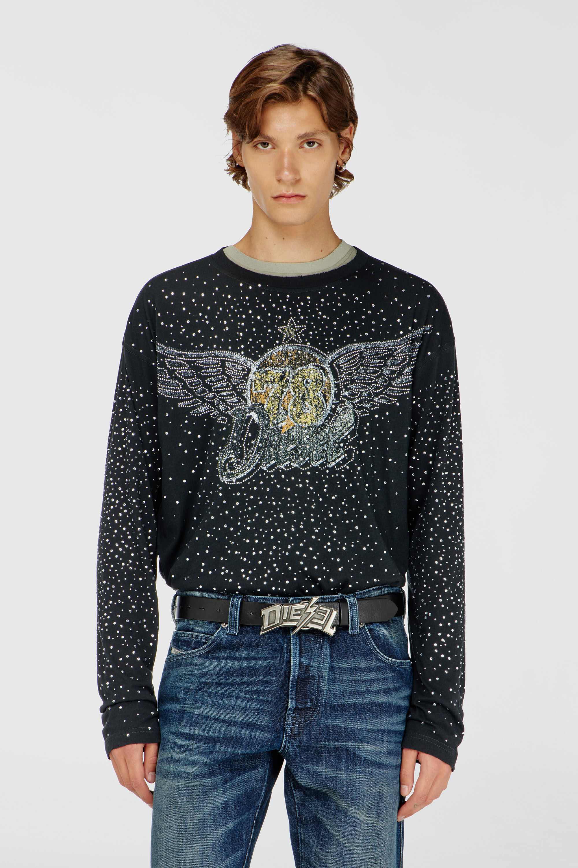 Diesel - T-EDRO-CRT-LS-C, Male's Ripped long-sleeve T-shirt with crystals in ブラック - 3