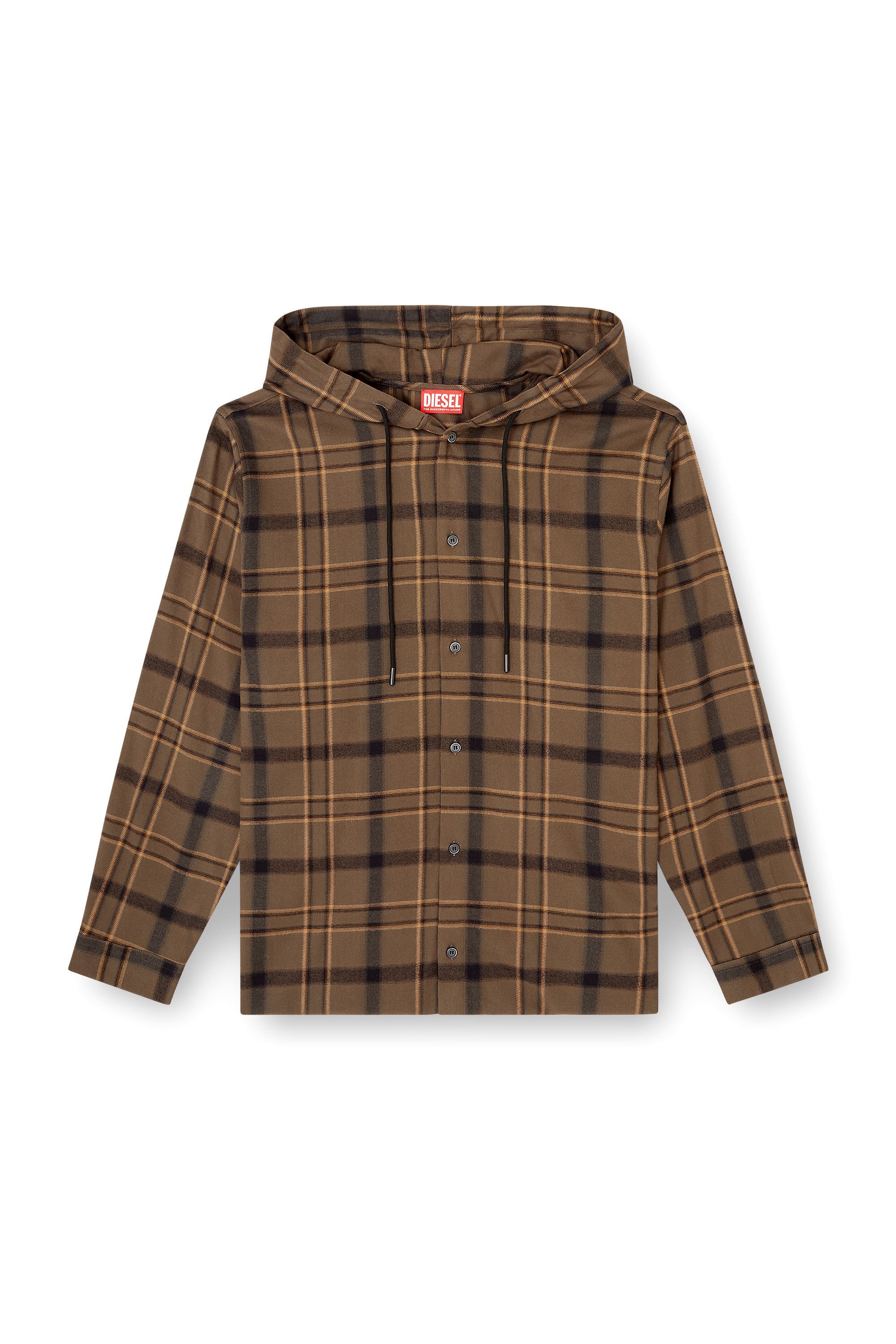 Diesel - S-IX, Male's Hooded shirt in check flannel with logo in ブラウン - 2