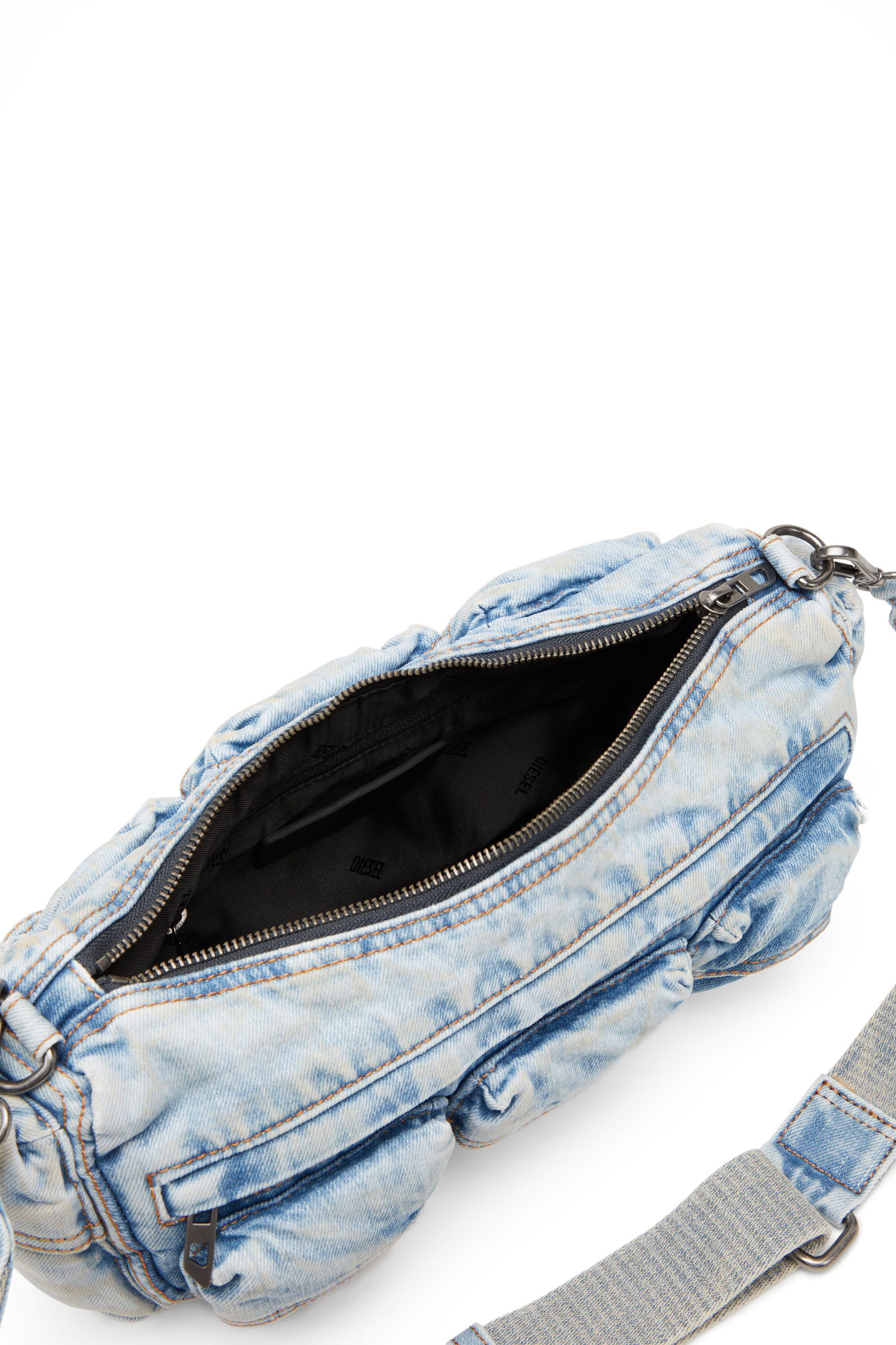 Diesel - RE-EDITION TRAVEL 3000 SHOULDER BAG X, Unisex's Travel 3000-Multipocket bag in treated denim in ライトブルー - 5