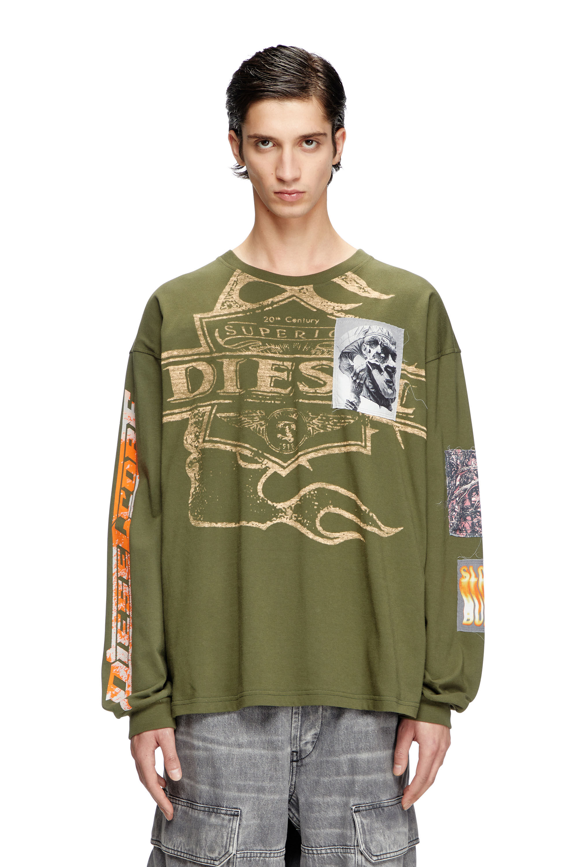 Diesel - T-BOXT-LS-SLITS-R5, Male's Long-sleeve T-shirt with graphic patches in ミリタリーグリーン - 3