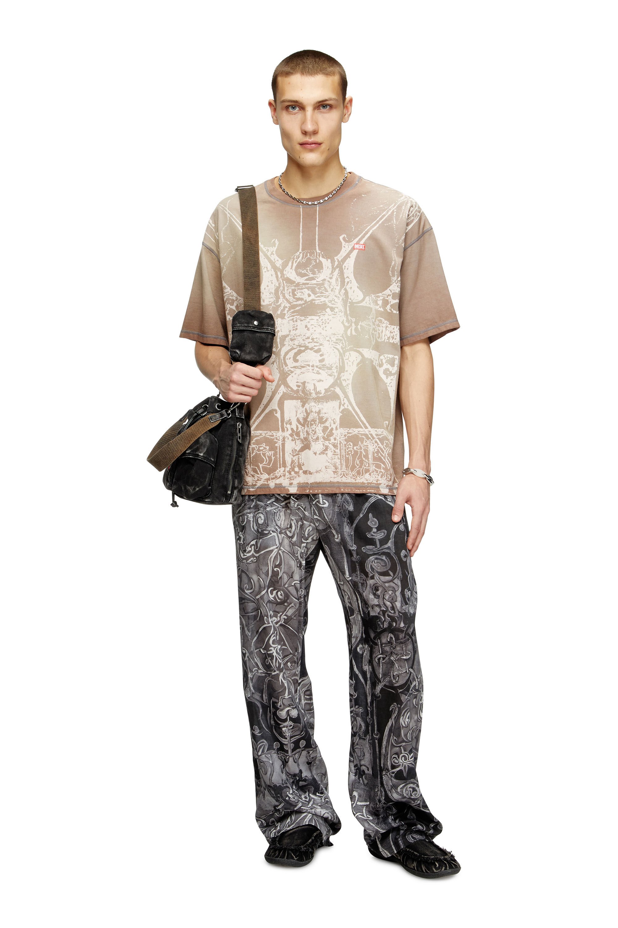 Diesel - T-BOXT-T13, Male's T-shirt with tonal medieval print in ライトブラウン - 1