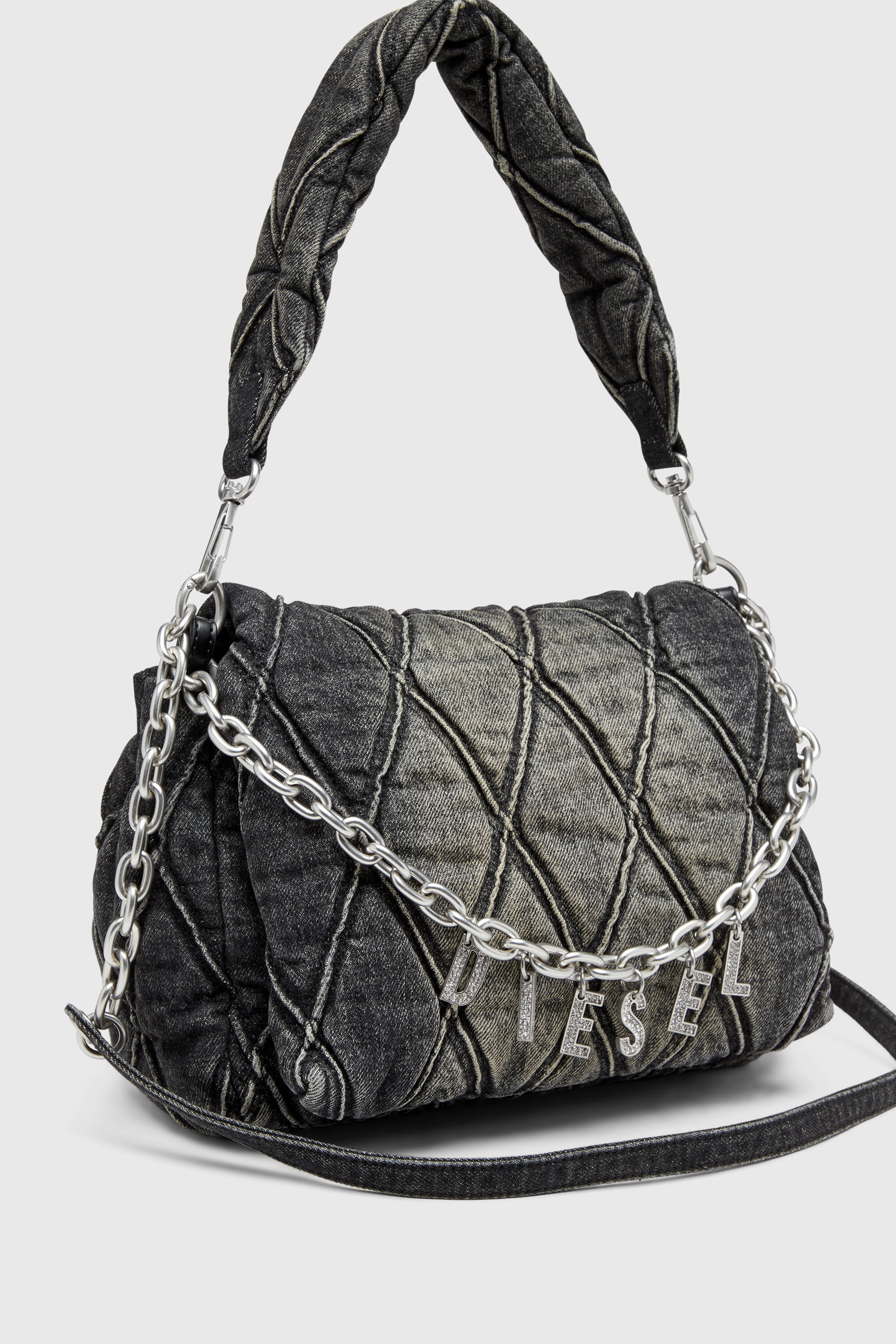王*冠様 DIESEL バッグ グレー　限定 Diesel ウィメンズ バッグ Charm-D Shoulder M bag キルト デニム