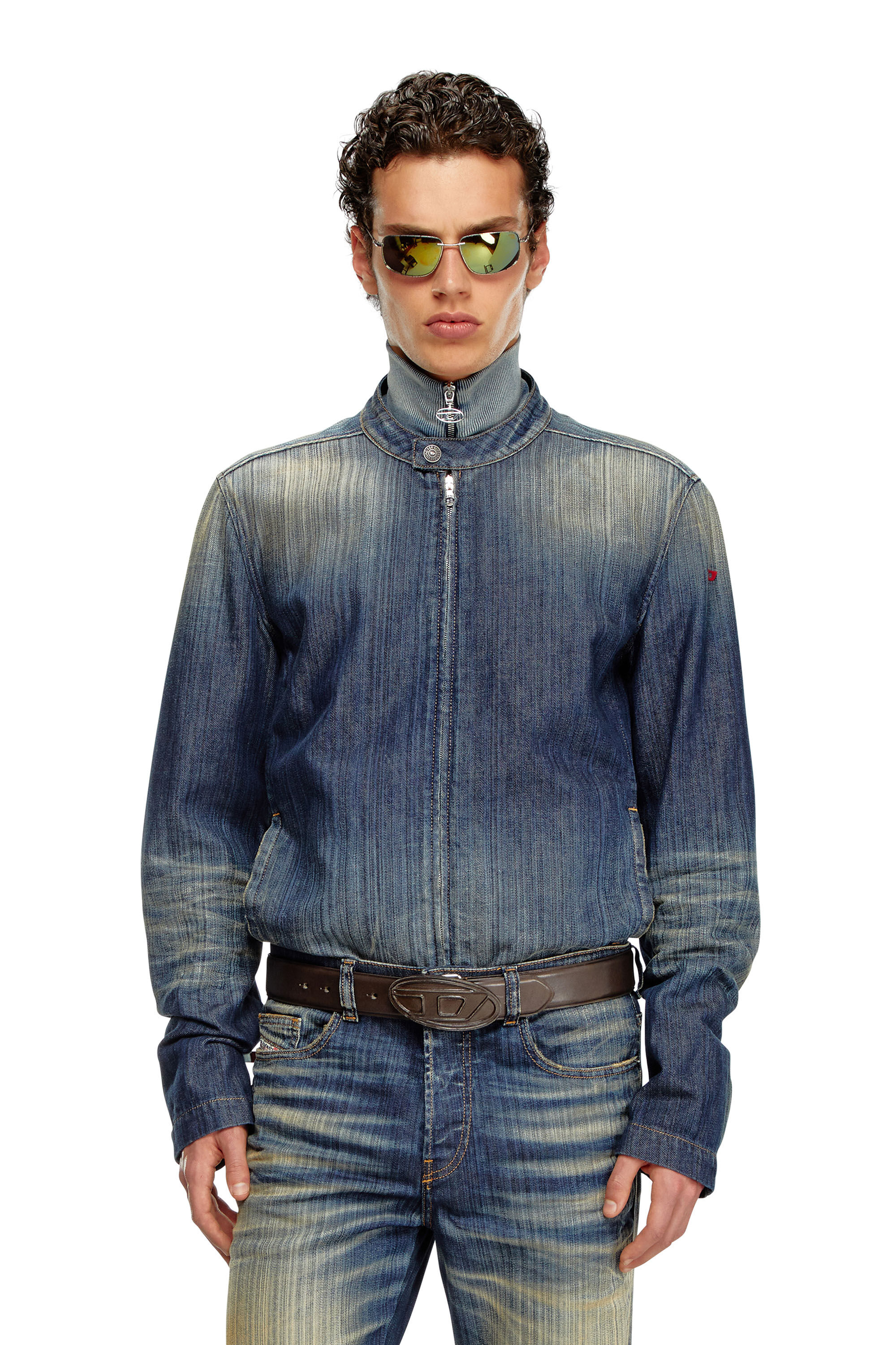 Diesel - D-GLORY, Male's Moto jacket in streaky denim in ダークブルー - 3