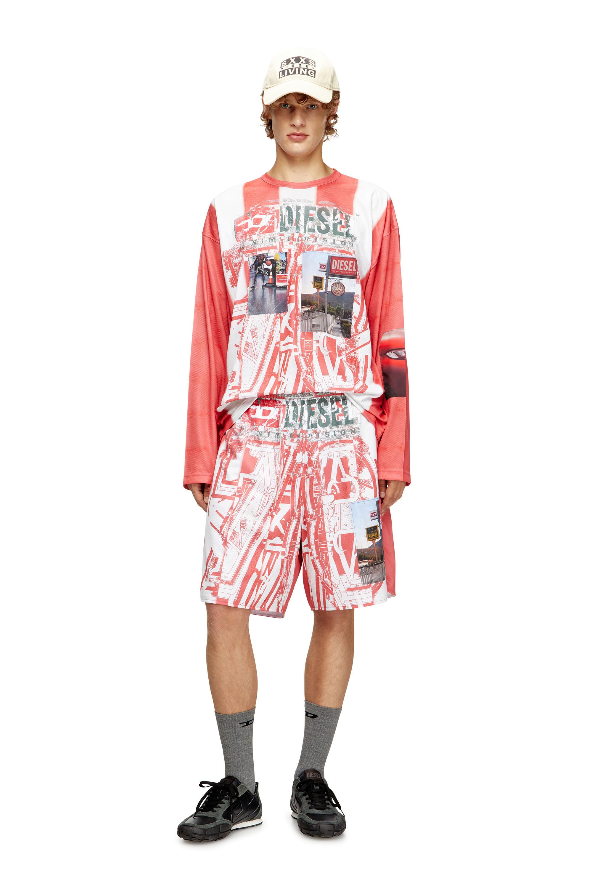 Diesel - T-RUBY, Male's Striped long-sleeve T-shirt with photo patches in レッド/ホワイト - 1