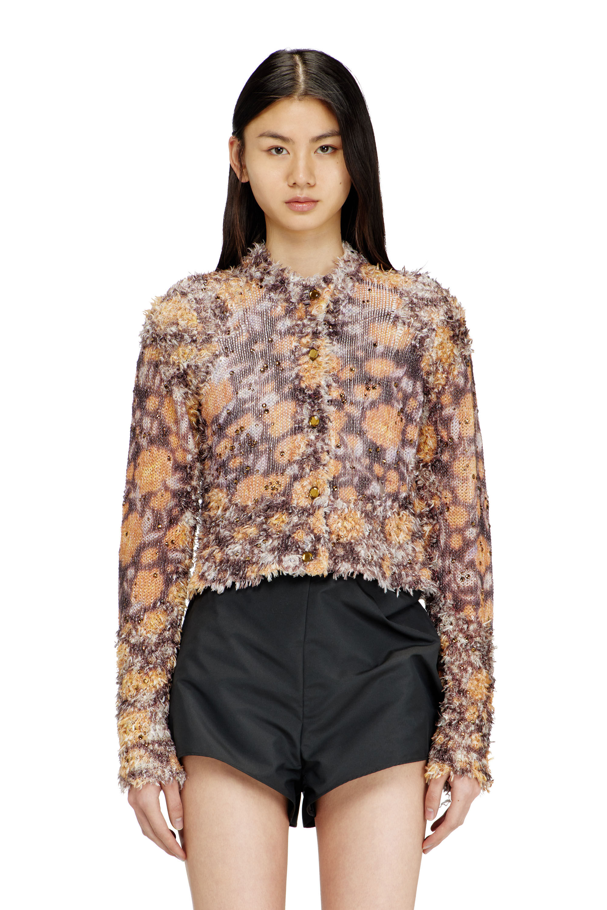 M-LINNEA Printed cropped cardigan with crystals｜ブラウン