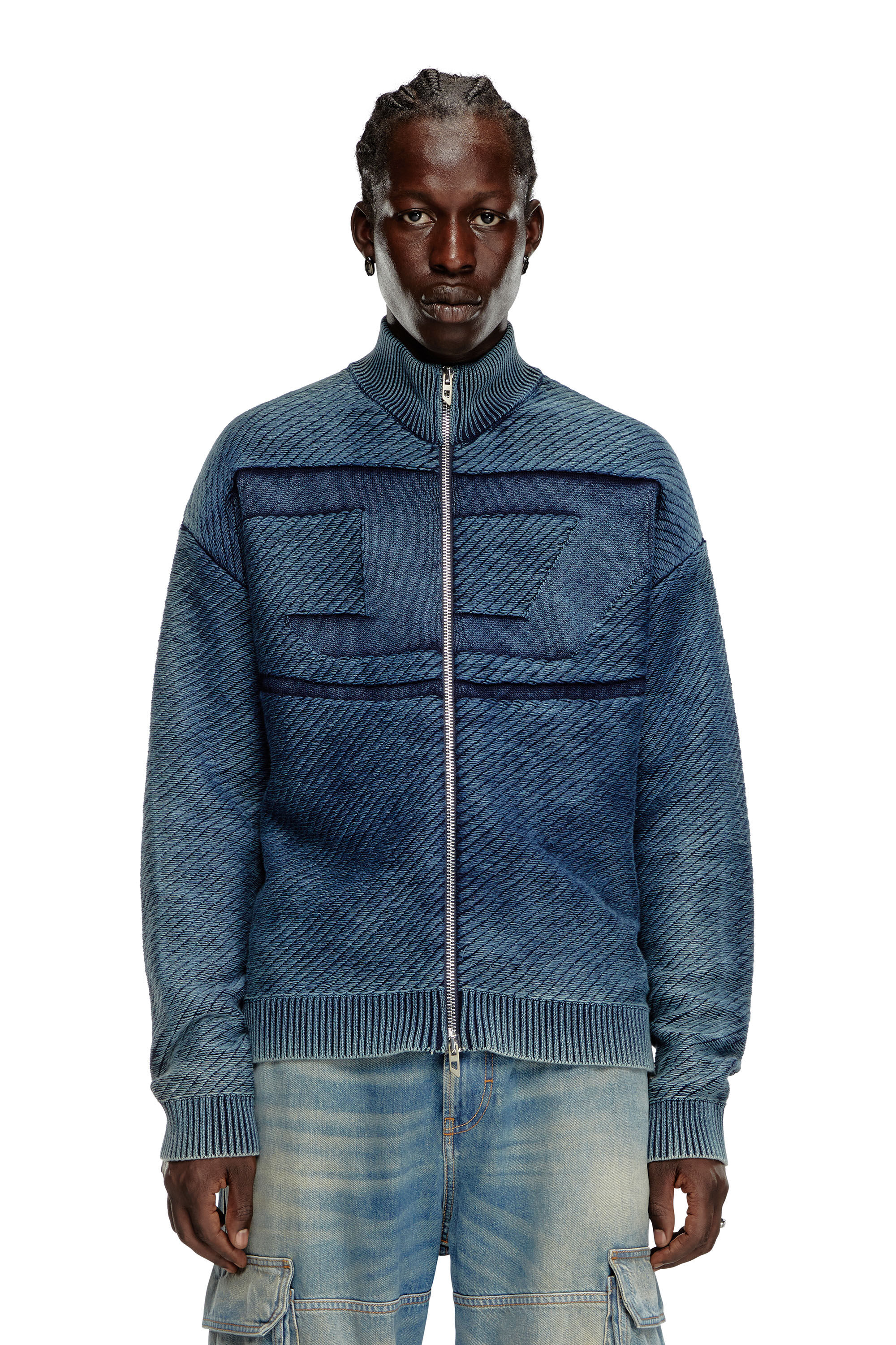K-KLEVERY-ZIP Denim-effect zip-up cardigan in cotton｜ブルー｜メンズ｜DIESEL