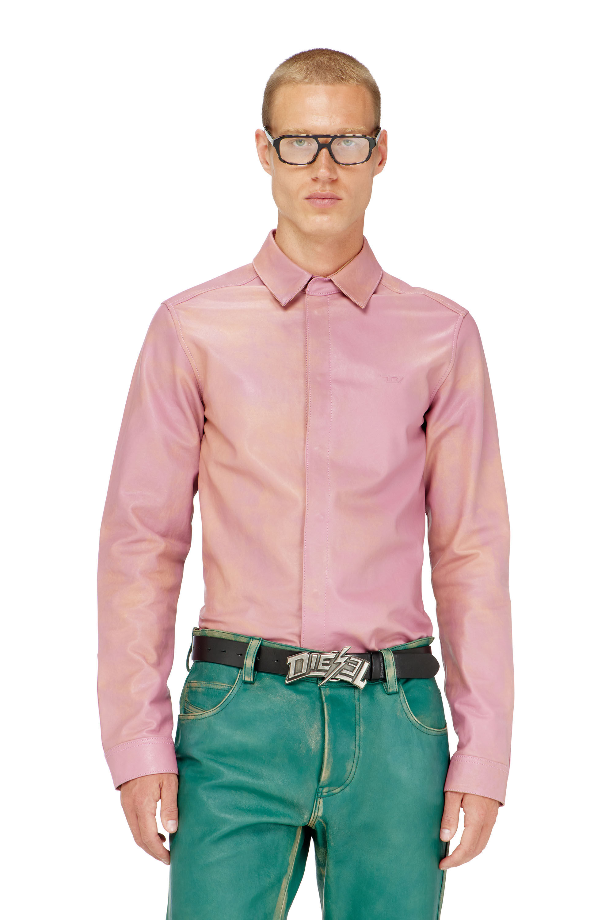 Diesel - S-CIRT, Male's Shirt in treated leather in ピンク / ホワイト - 2