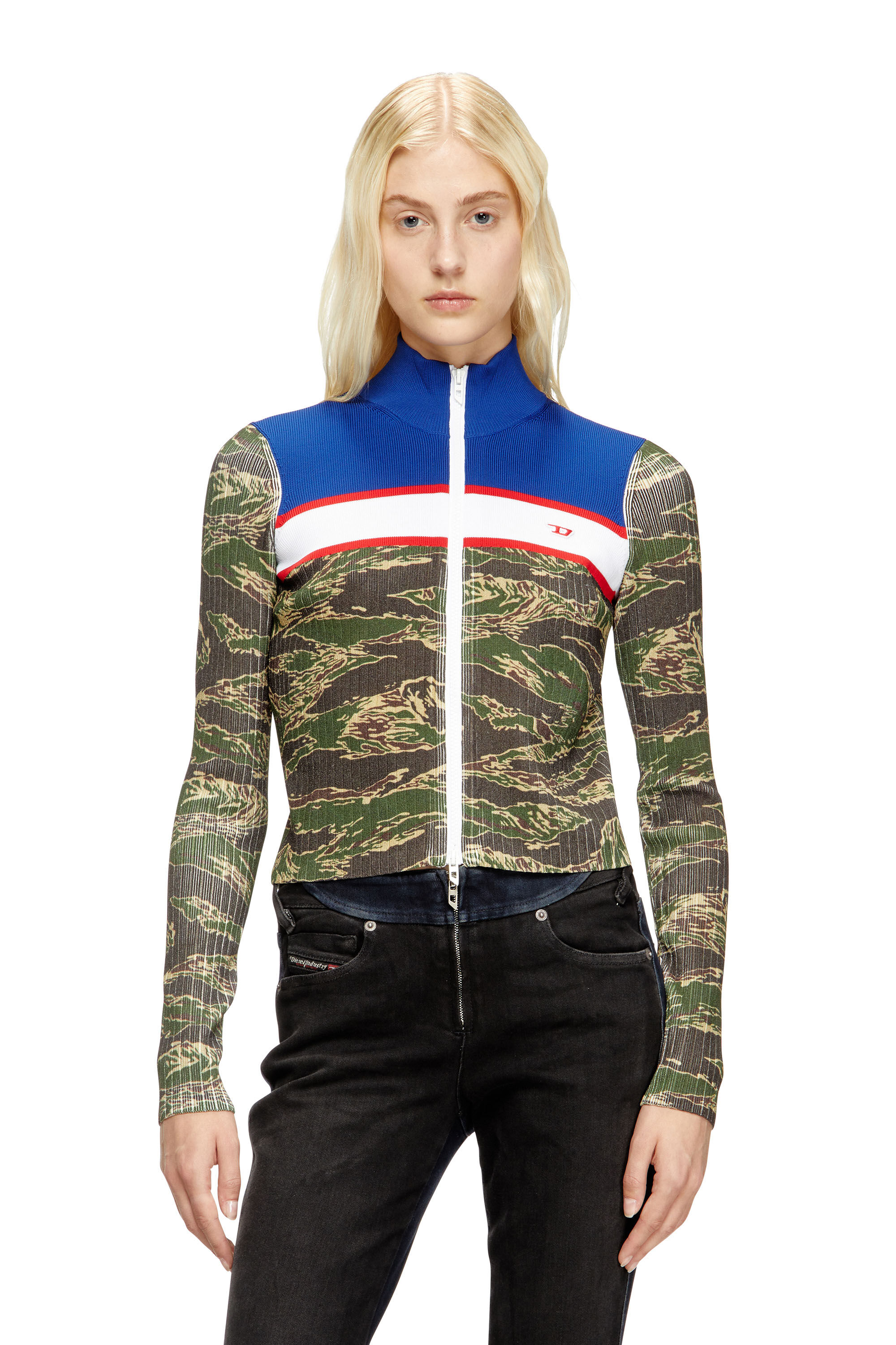Diesel - M-CAMUT, Female's Camo zip sweater in ribbed viscose in ブルー/グリーン - 3