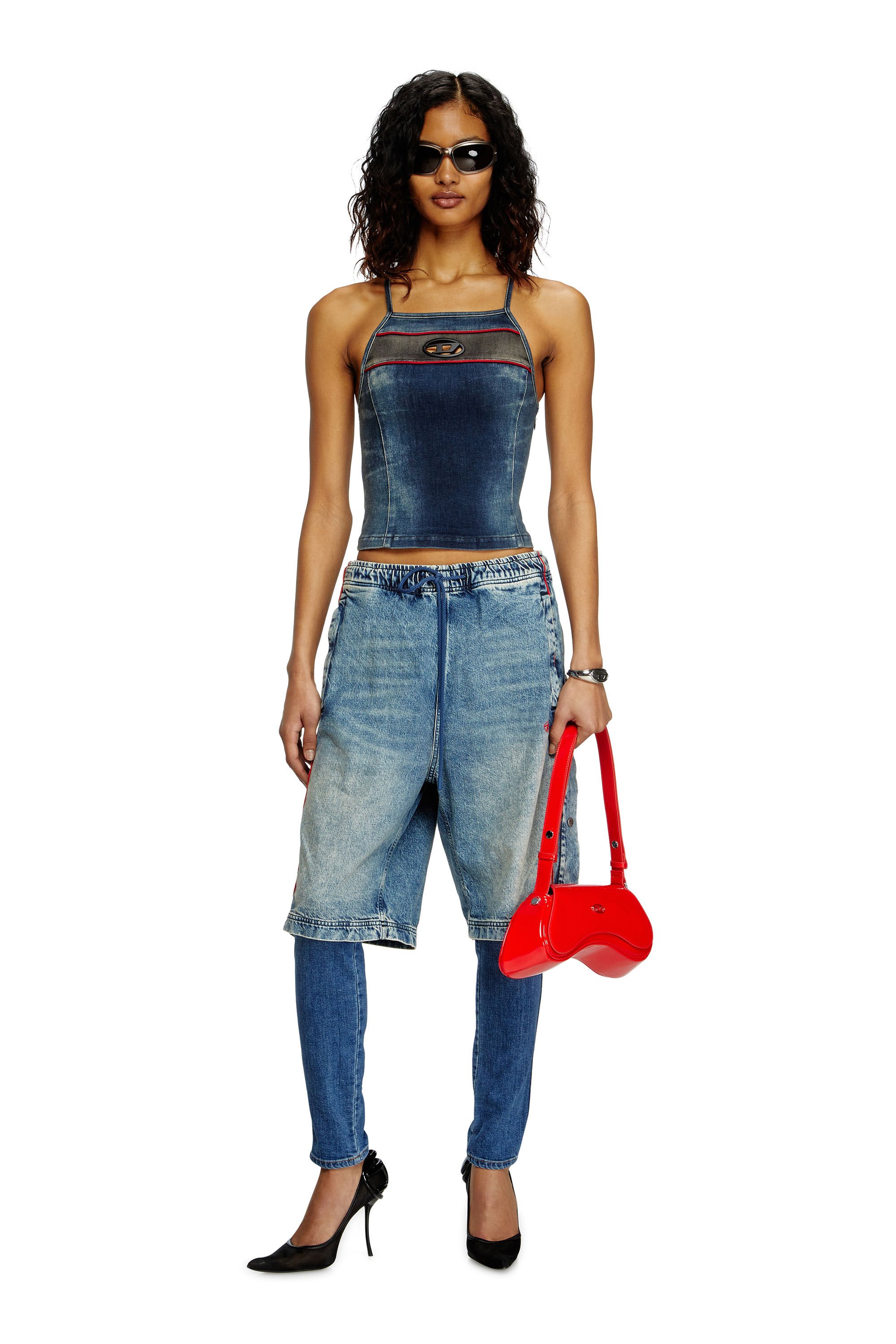 Diesel - DE-PILU-S, Female's Top in stretch bicolour denim in ダークブルー - 1