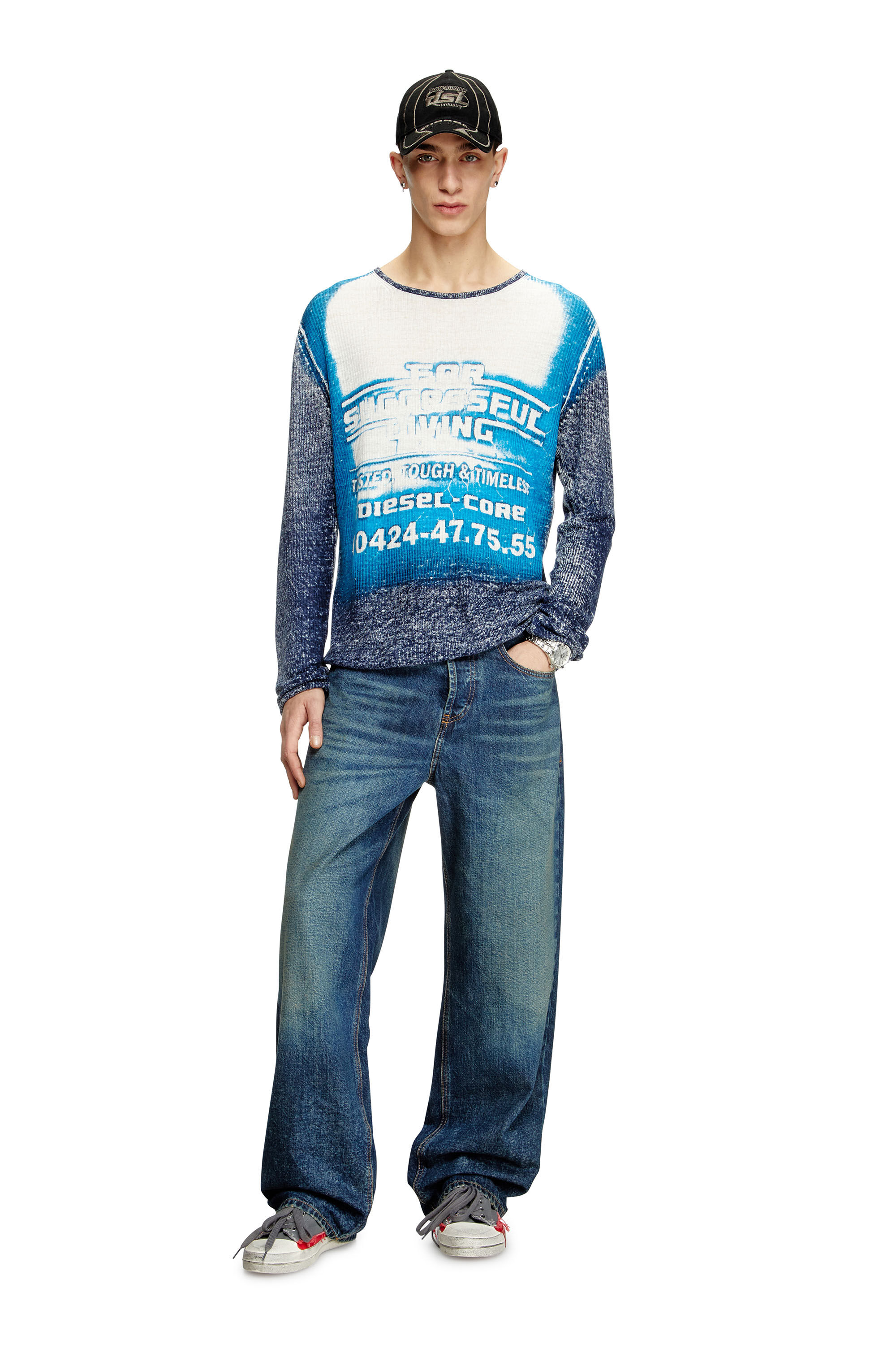 Diesel - K-ROD, Male's Linen jumper with logo graphic in ブルー - 1