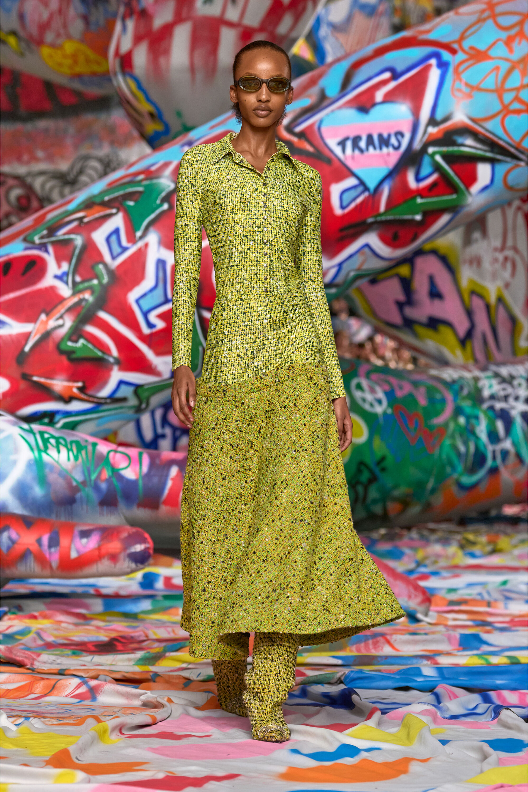 C-ELAZ-BC Stretch fabric shirt with bouclé print｜イエロー