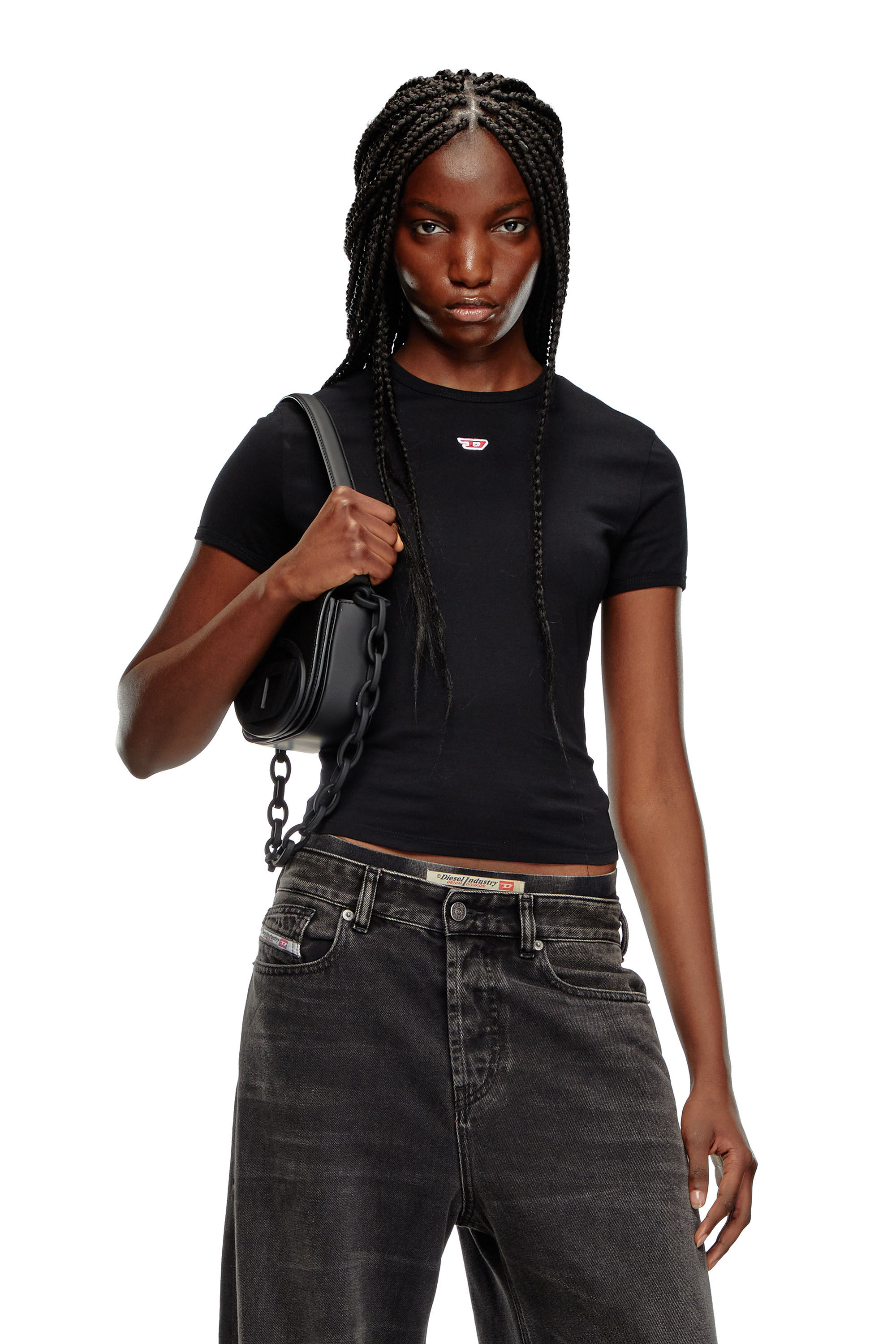 Diesel - T-UNCUTIE-LONG-D, Female's T-shirt with embroidered D patch in ブラック - 3