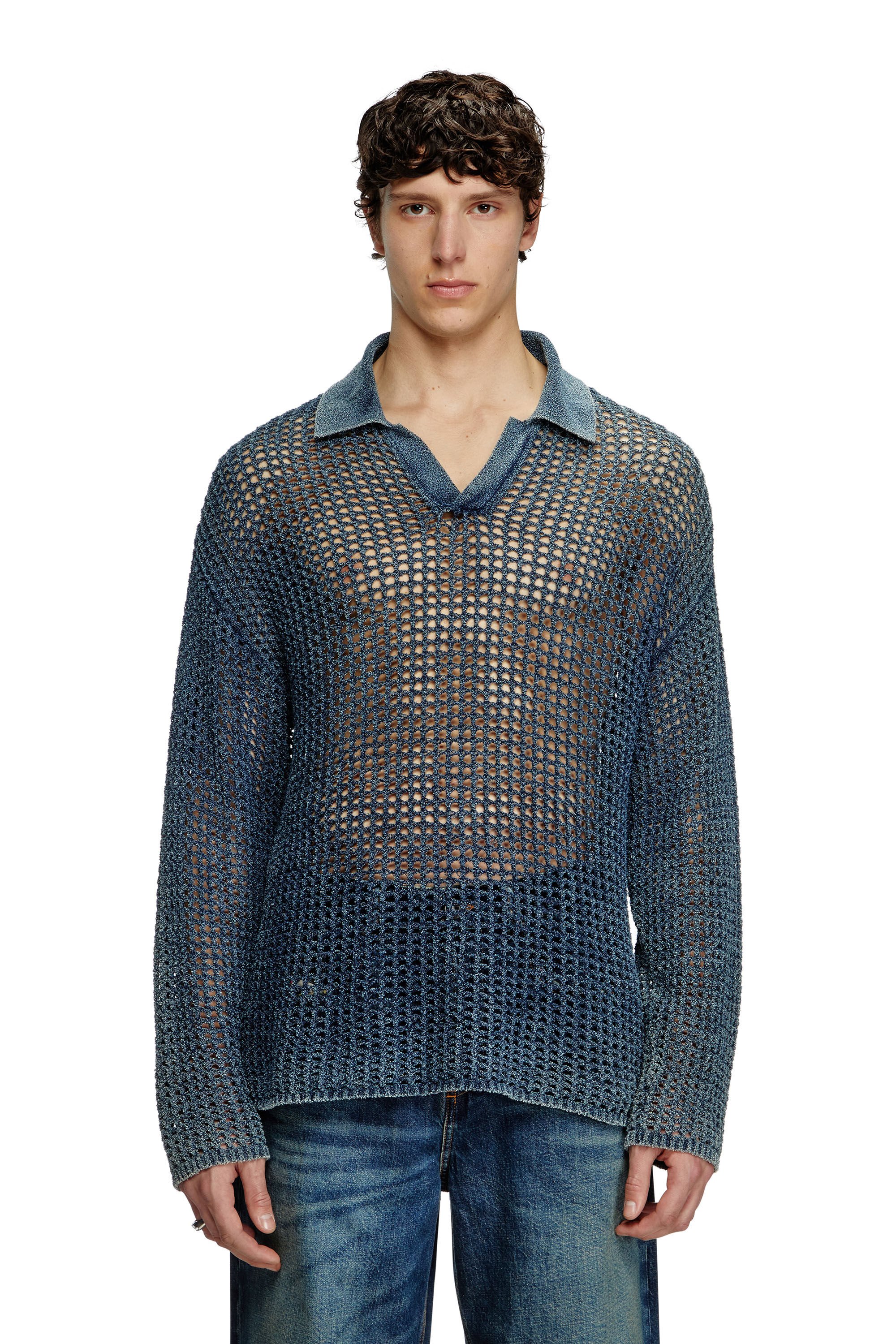 Diesel - K-SQUARED, Male's Open-knit polo jumper in denim yarn in ブルー - 3