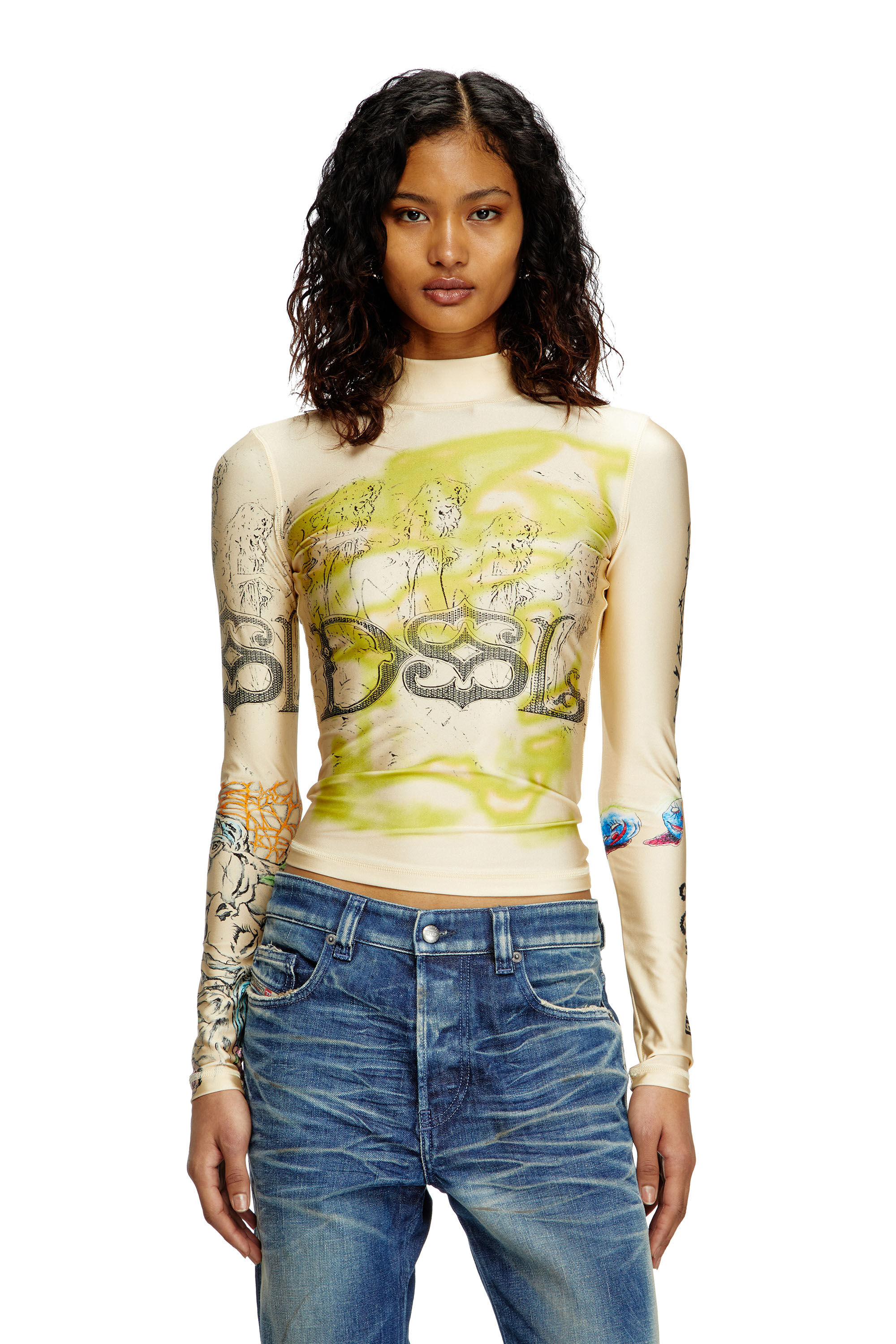 Diesel - T-IMUN, Female's Turtleneck top with tattoo print in ベージュ - 3