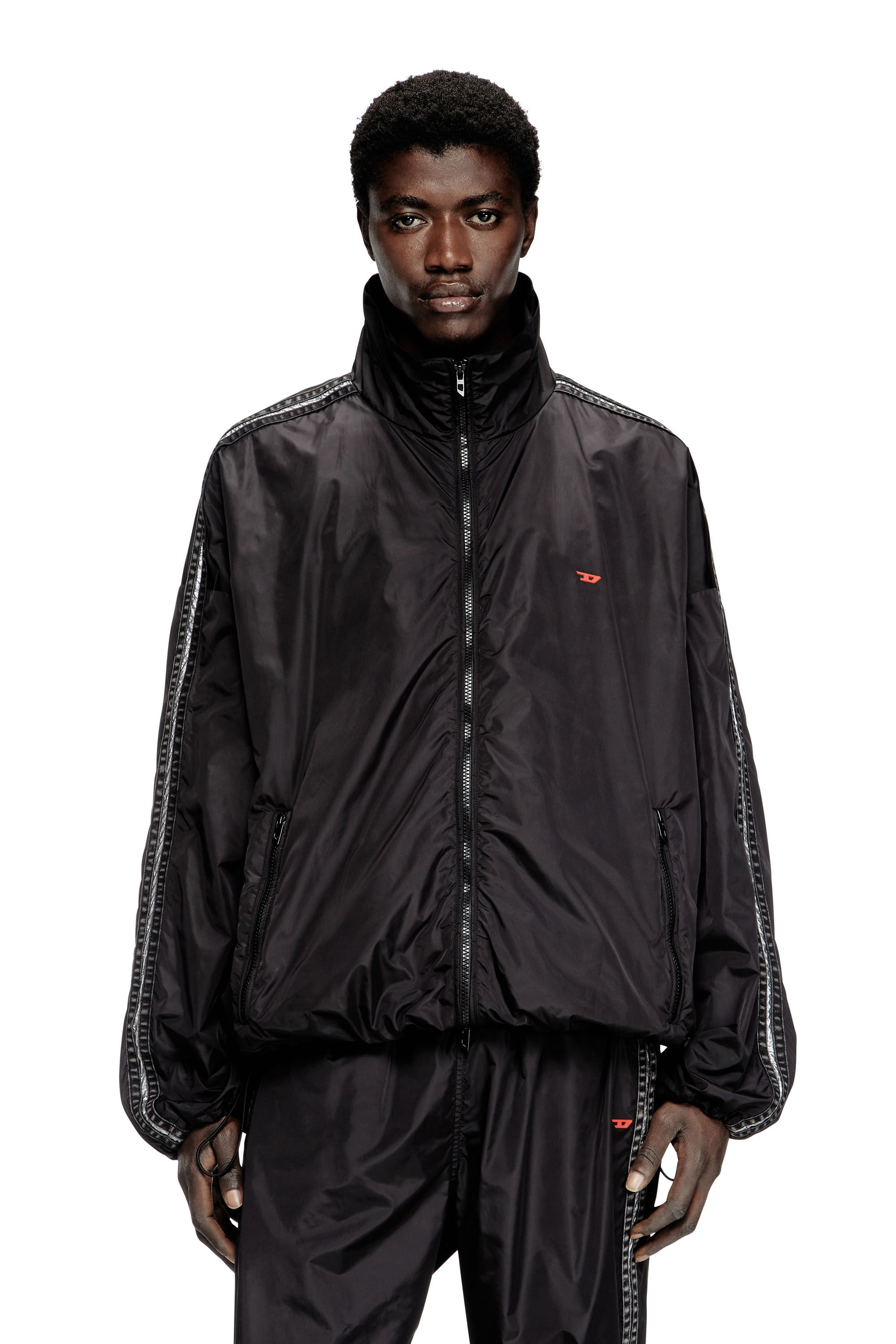 Diesel - J-CARON, Male's Nylon track jacket with denim bands in ブラック - 3