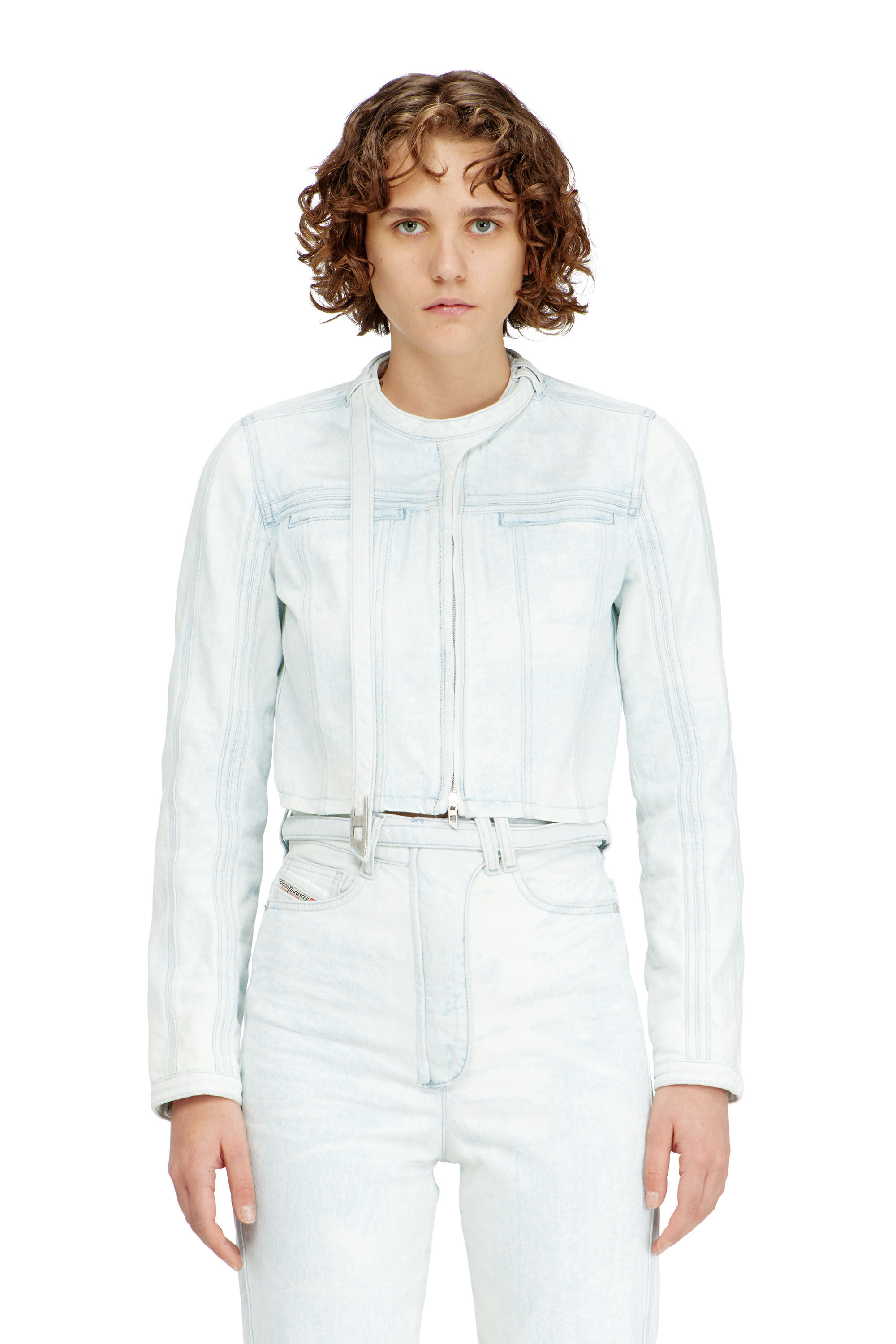 DE-SAPHIX-FSI Cropped jacket in ice-blue satin denim｜ブルー