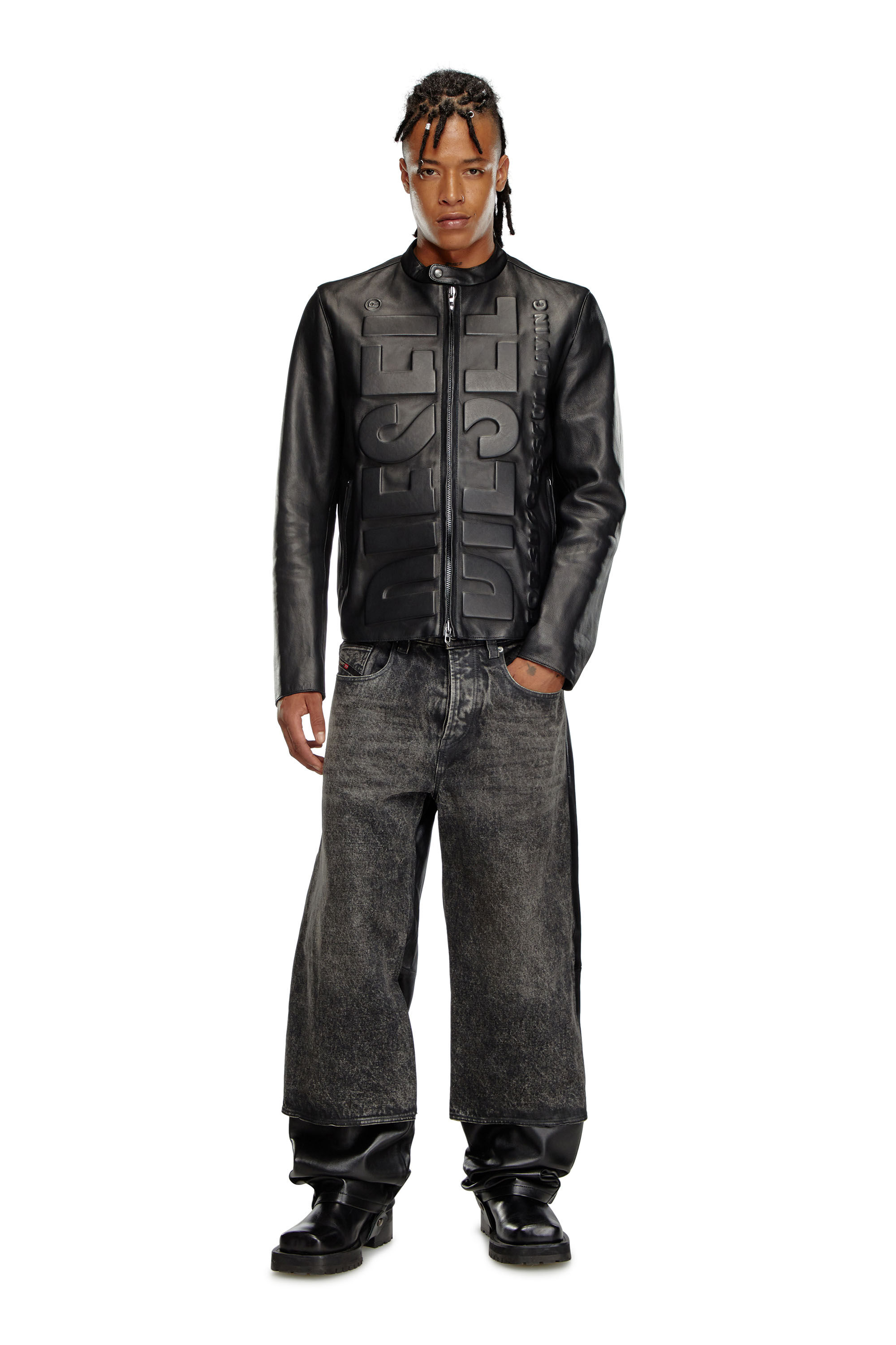 L-MET-VERT Biker jacket with 3D effect logo｜ブラック｜メンズ｜DIESEL
