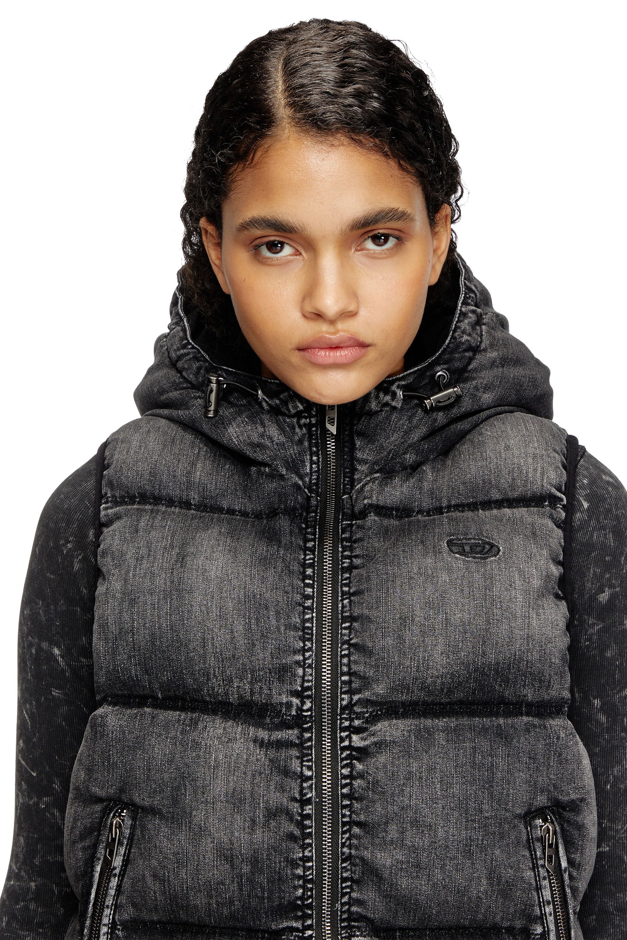 Diesel - W-HOPPER, Female's Hooded puffer vest in faded denim in ブラック - 4