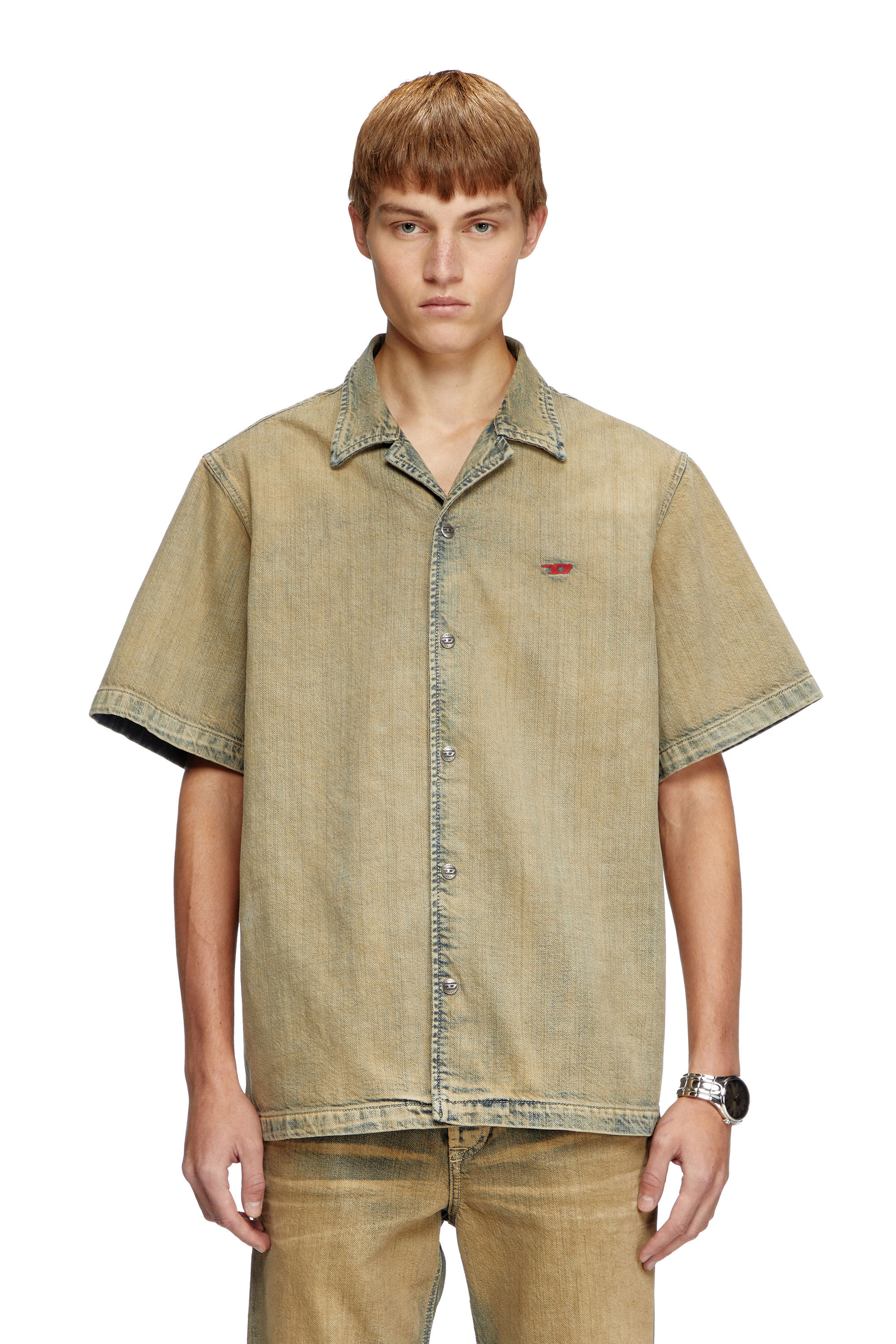 Diesel - D-NABIL-D, Male's Bowling shirt in gold-brush denim in ベージュ - 3