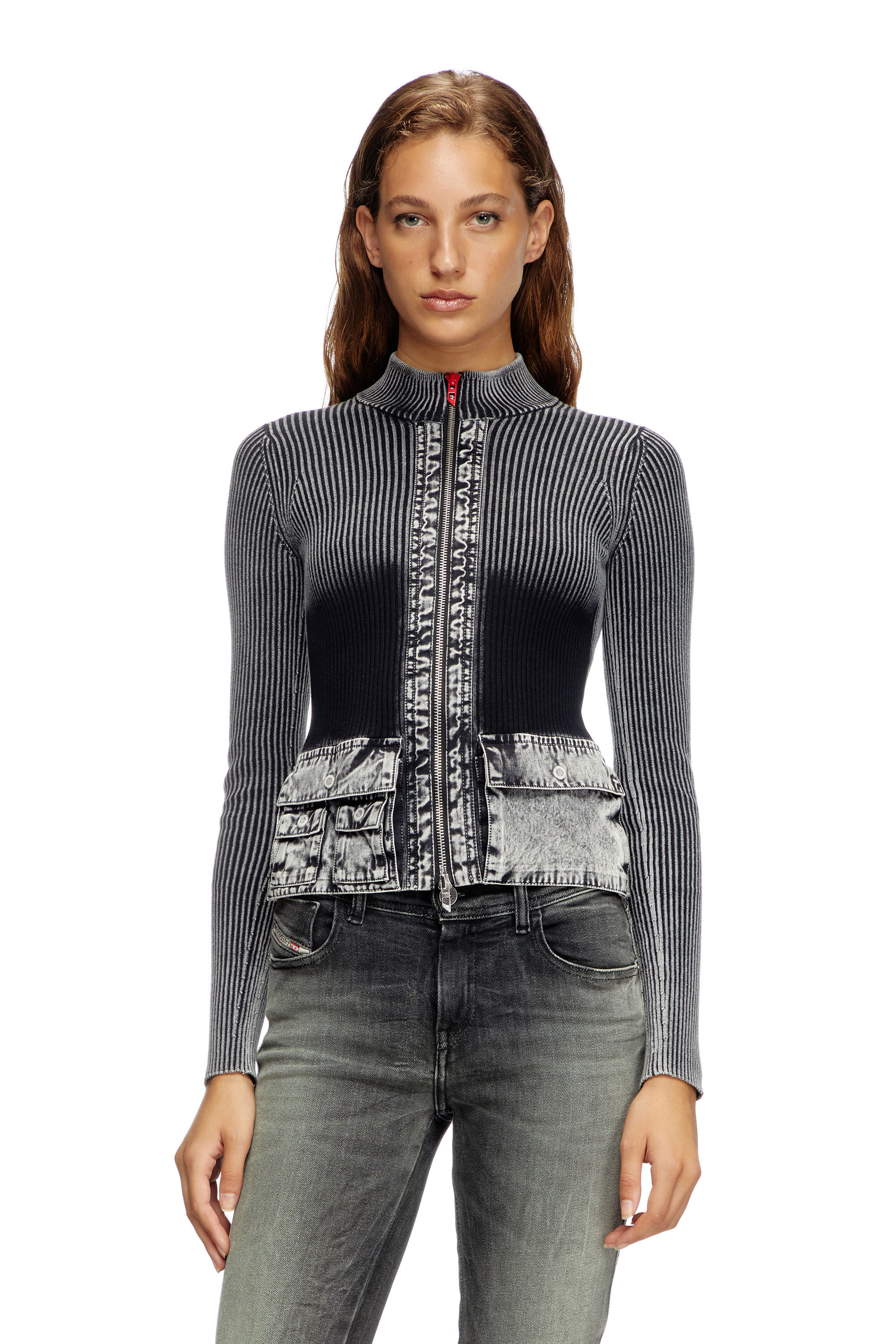 Diesel - M-MELISSA, Female's Zip-up cardigan with denim cargo pockets in ダークグレー - 3