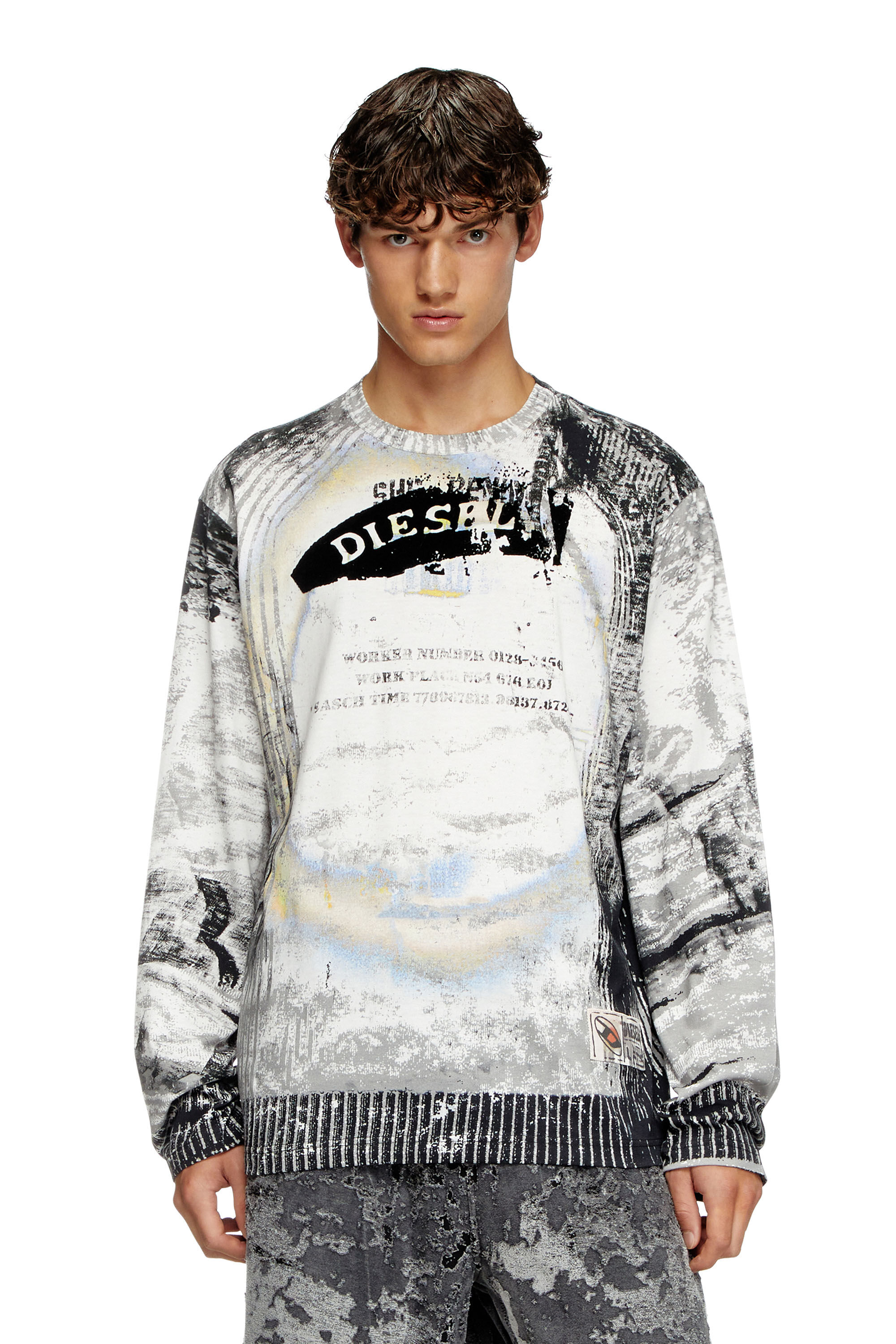 Diesel - T-CRANE-LS-S4, Male's Long-sleeve T-shirt with  fuzzy trims in ホワイト/グレー - 3