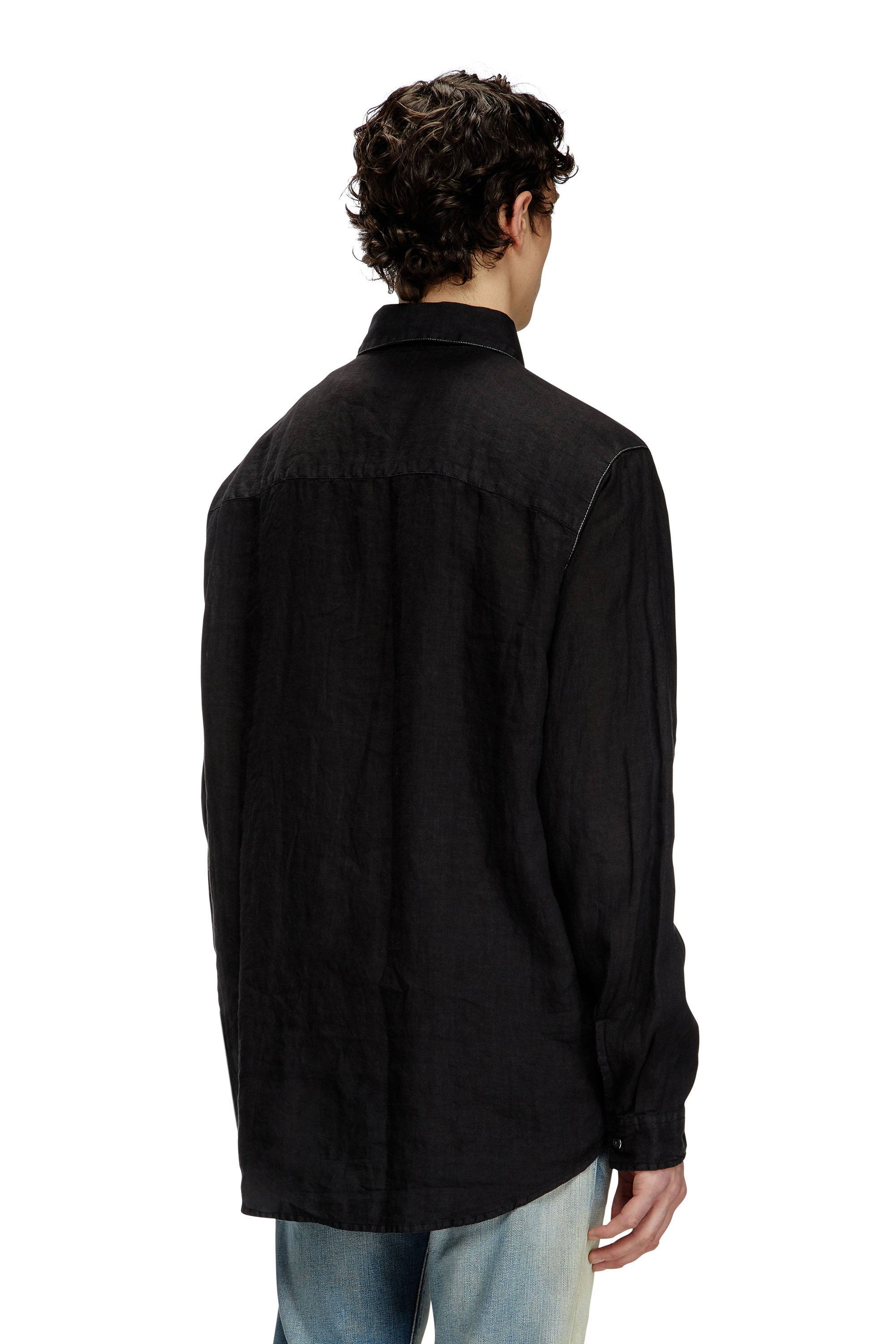 Diesel - S-WERP, Male's Linen shirt with logo collar in ブラック - 4