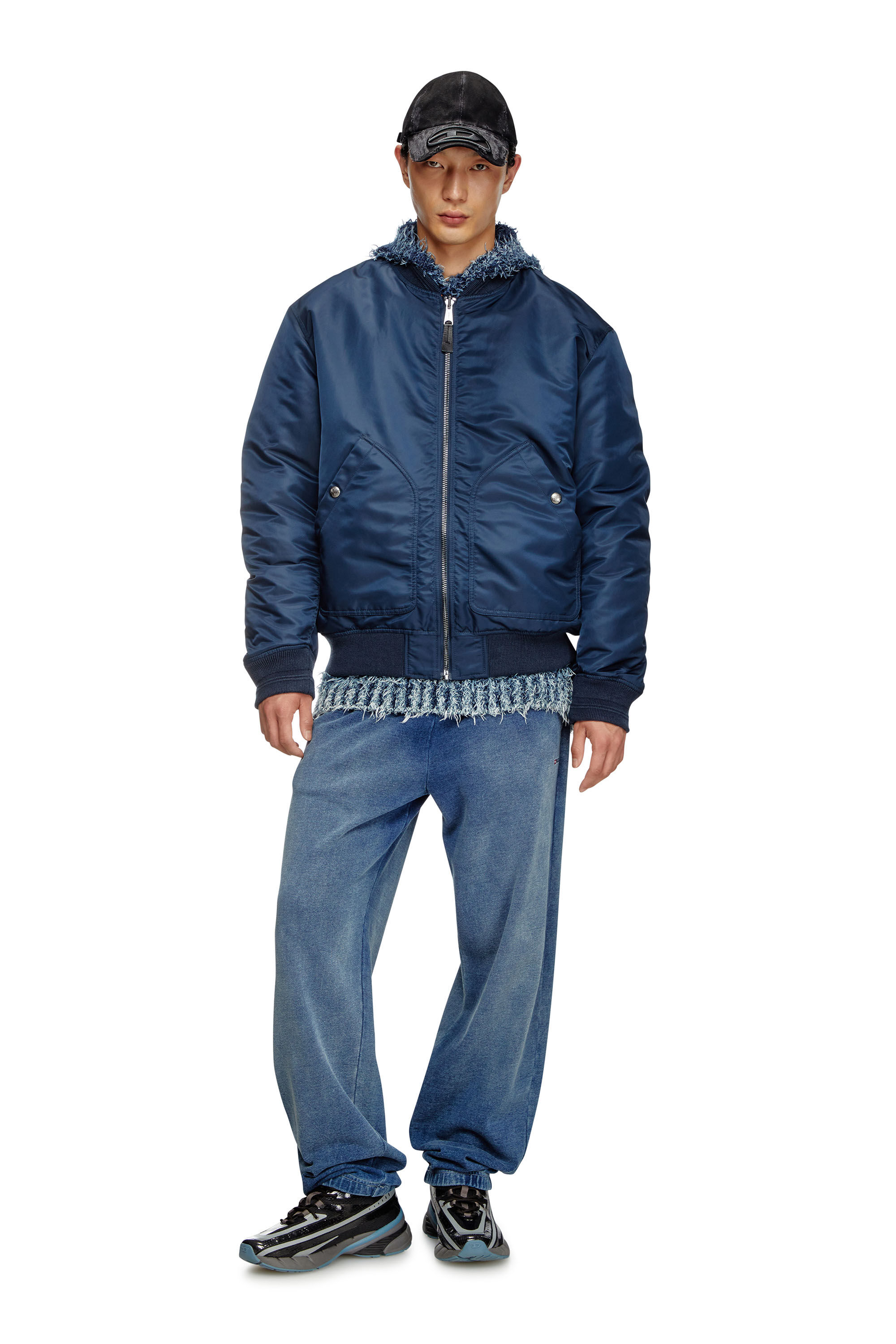 Diesel - J-HELD, Male's Bomber in padded nylon with Oval D in ブルー - 1