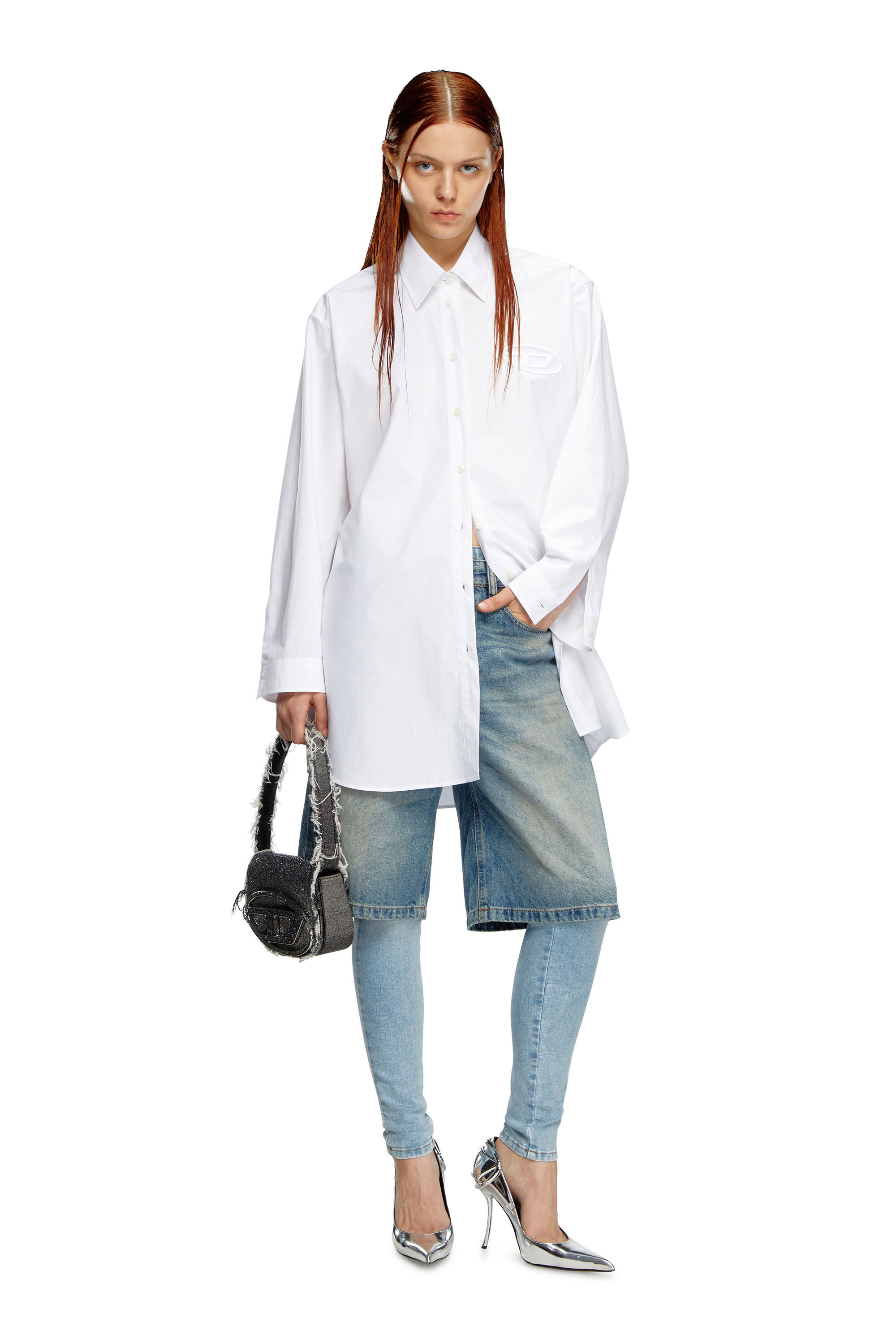 1DR 1DR-Iconic shoulder bag in denim and crystals｜ブラック