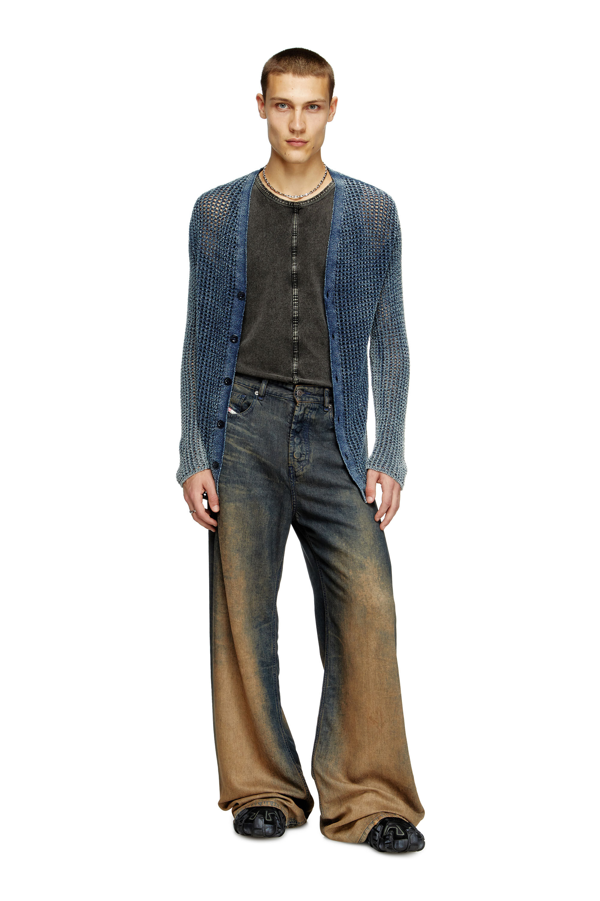 Diesel - K-REDRAM, Male's Mesh-knit cardigan in denim yarn in ブルー - 1