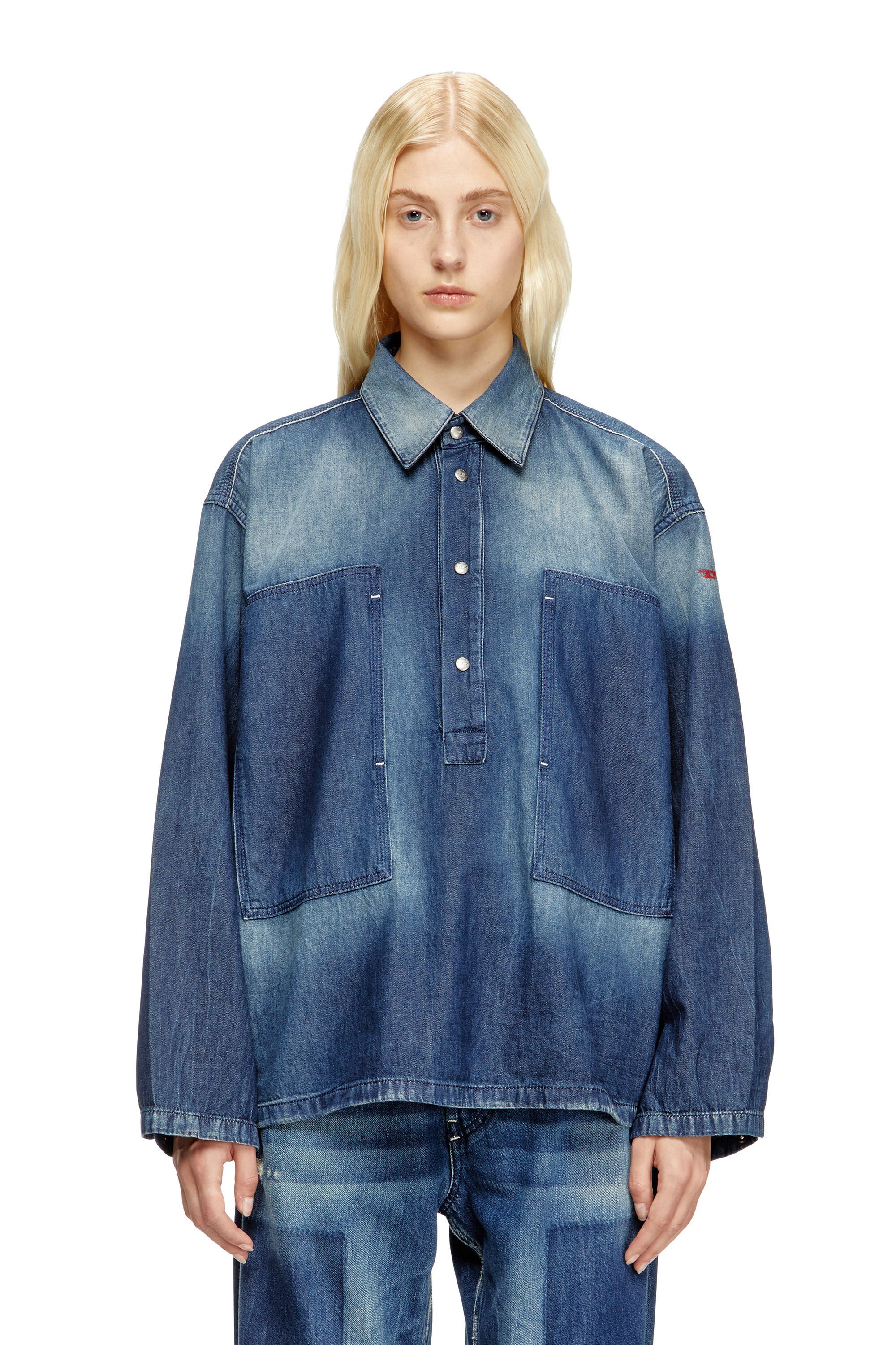 DE-PRISS Henley top in contrast-effect denim｜ブルー｜ウィメンズ