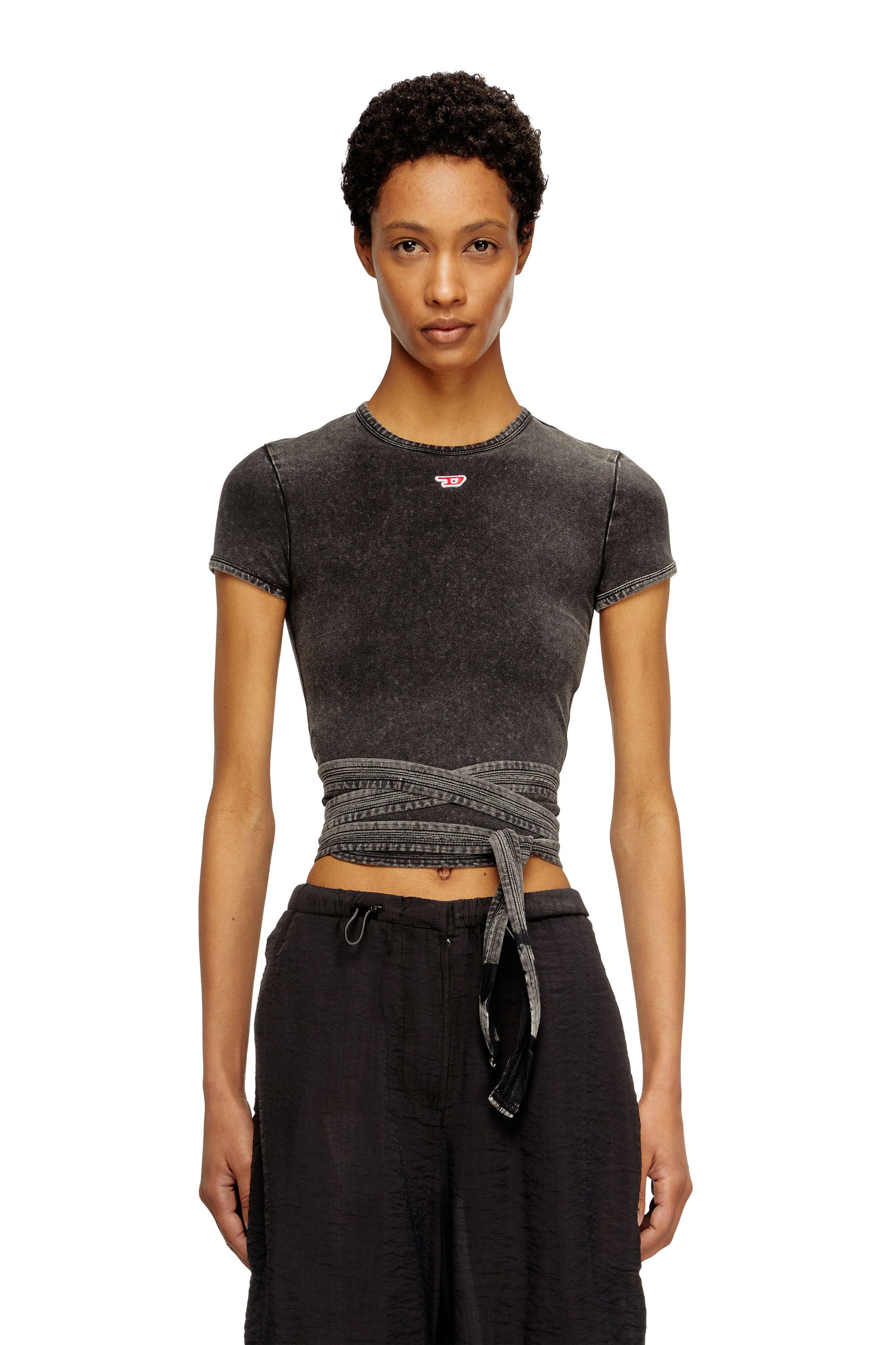 Diesel - T-BUNNY-TAIL-R1, Female's Denim-look T-shirt with wrap ties in ブラック - 3