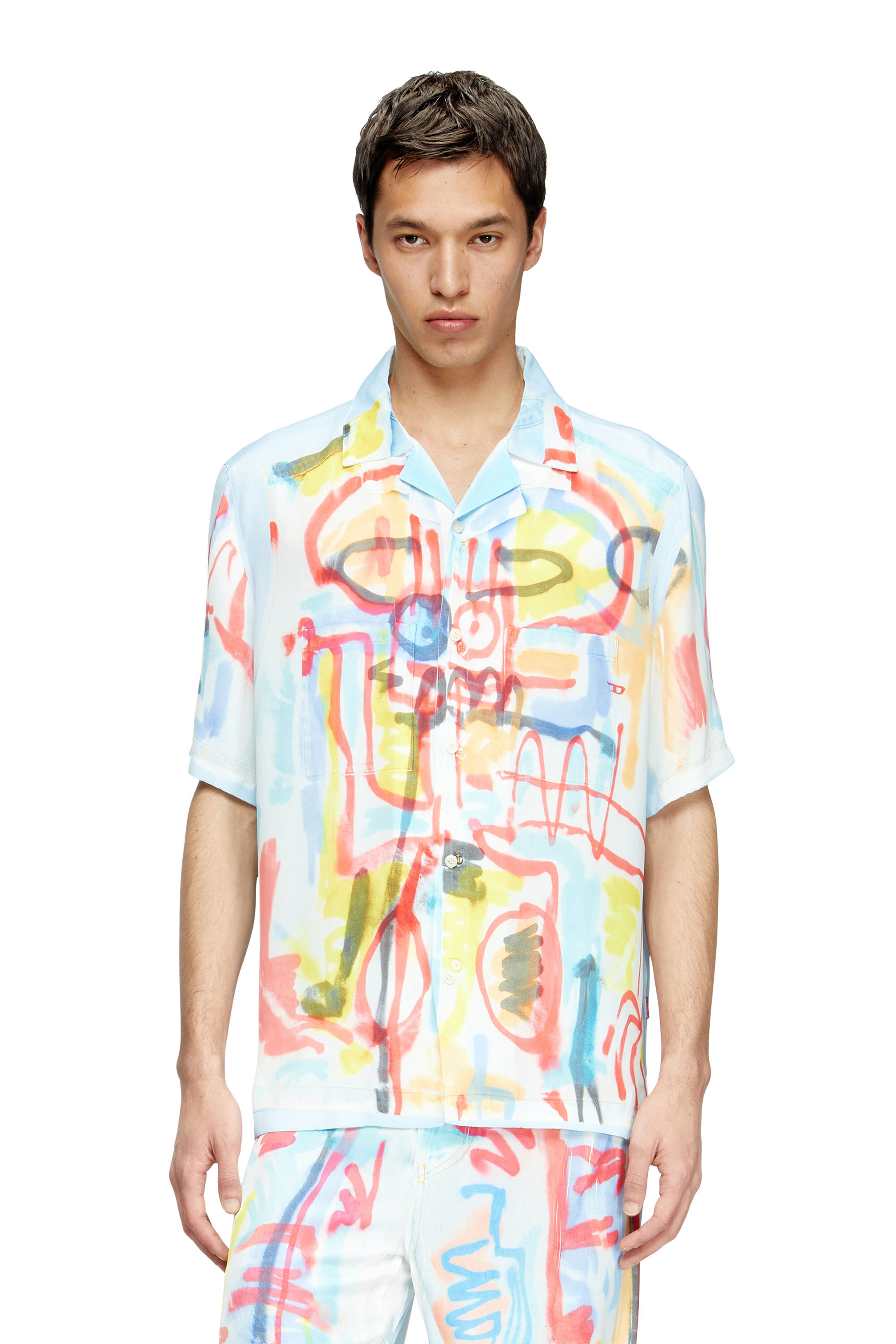 Diesel - C-PAROSHORT-GRAFFITI-AFR, Unisex's Satin bowling shirt with graffiti print in ライトブルー - 3