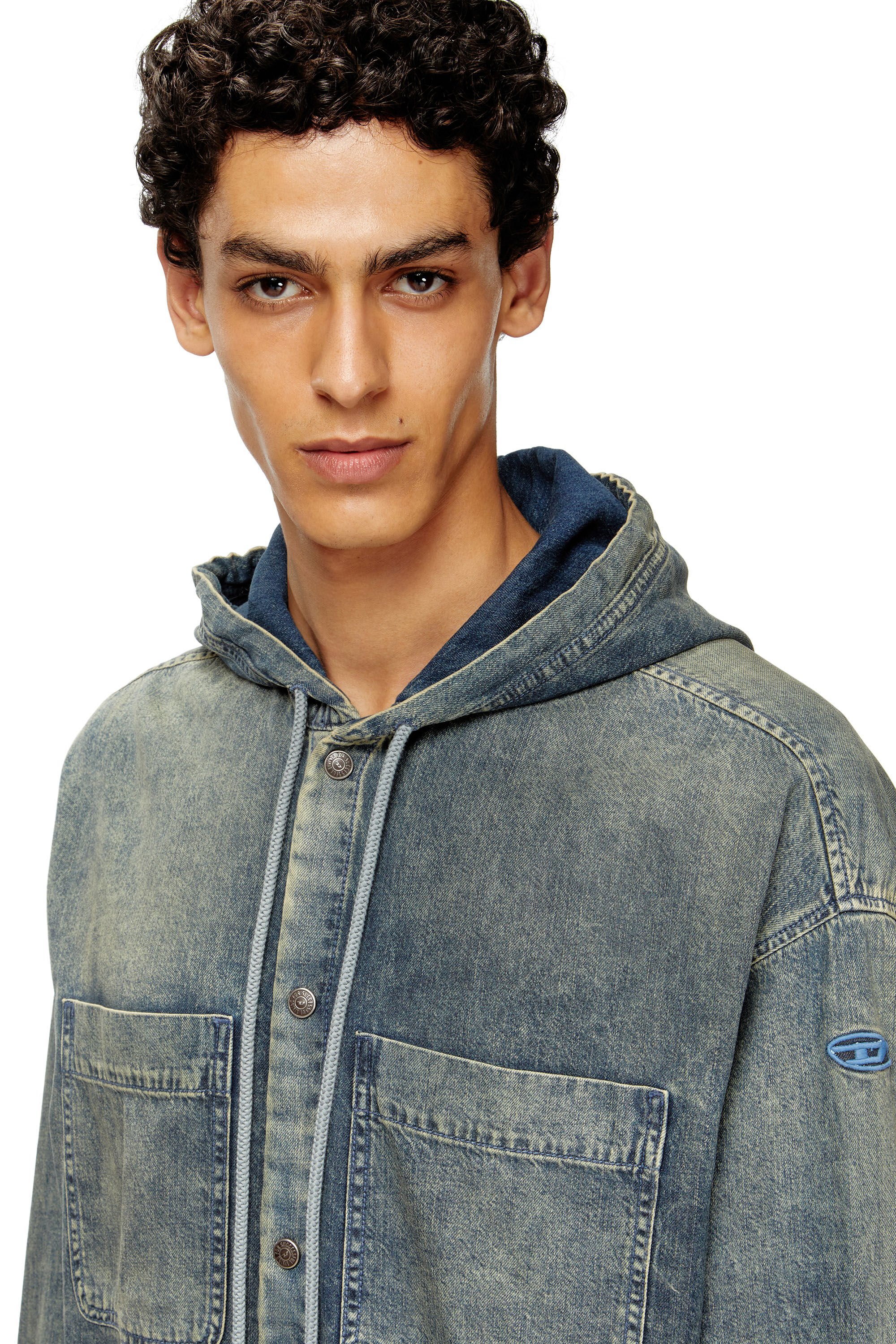 Diesel - D-DEWNY-HOOD-S2, Male's Overshirt in marbled coated denim in ミディアムブルー - 4