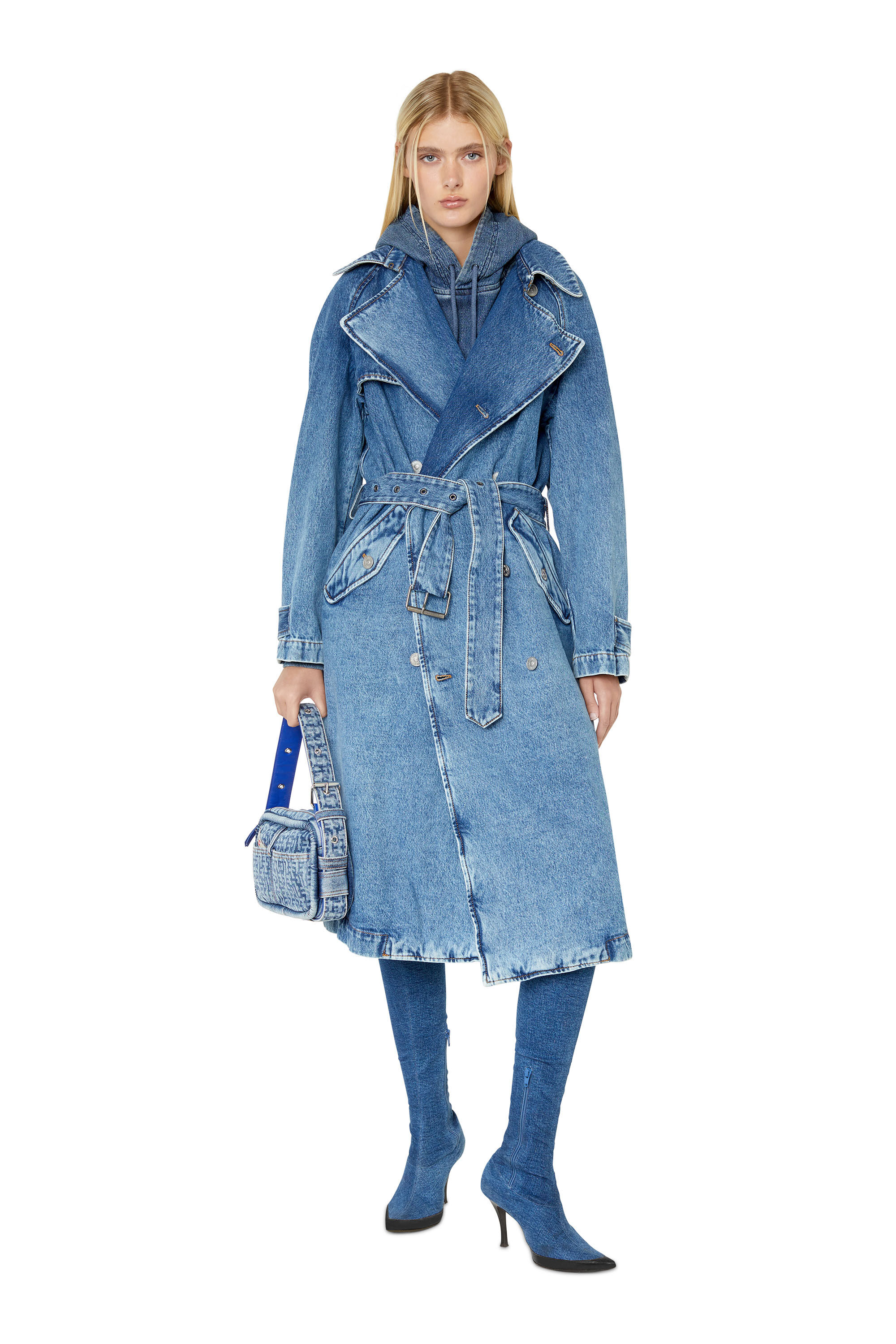 Diesel - D-DELIRIOUS DOUBLE BREASTED TRENCH COAT, Unisex's デニム トレンチコート in ミディアムブルー - 7