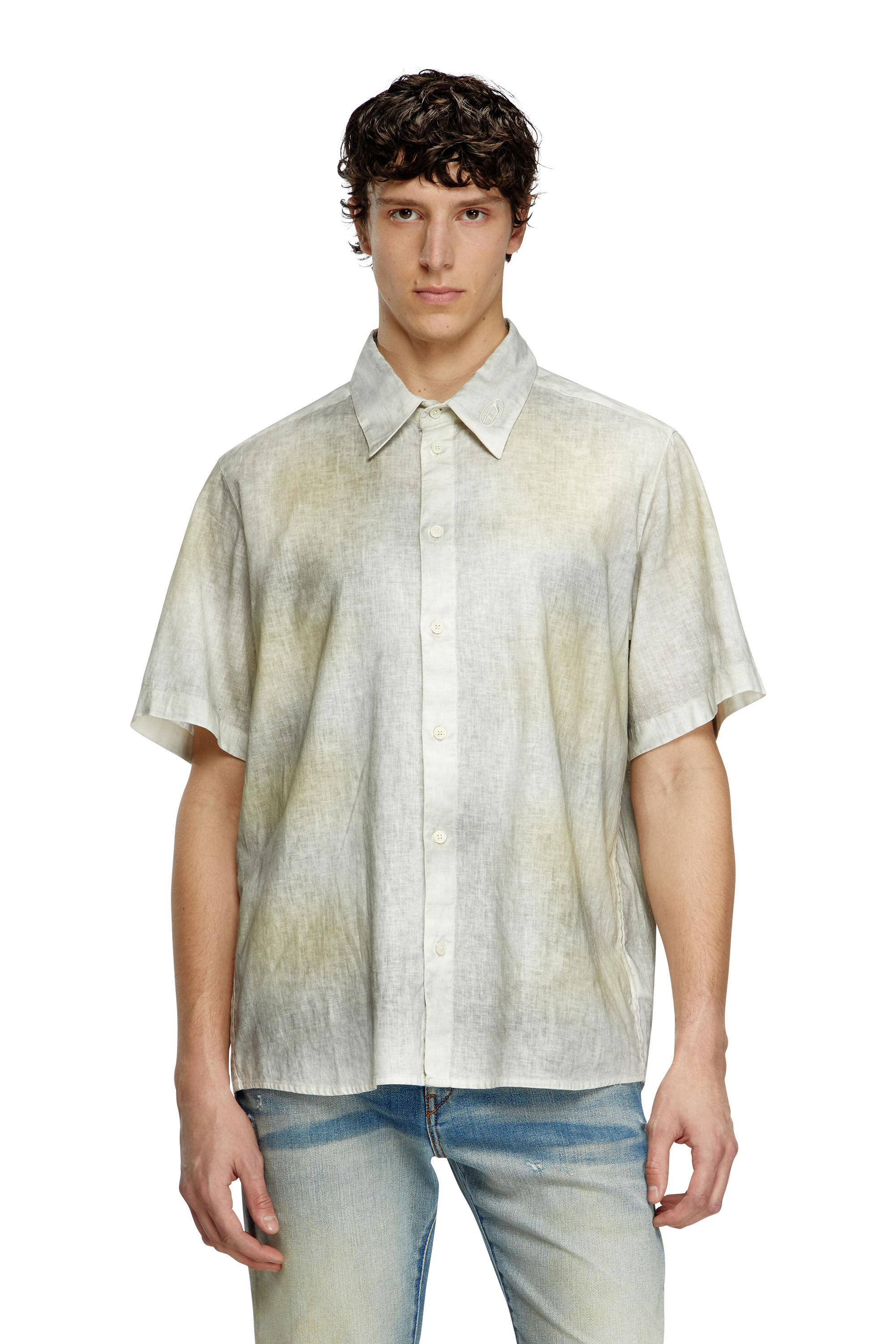 Diesel - S-LEIE-SHORT, Male's Treated linen-blend short-sleeve shirt in グレー/ホワイト - 3