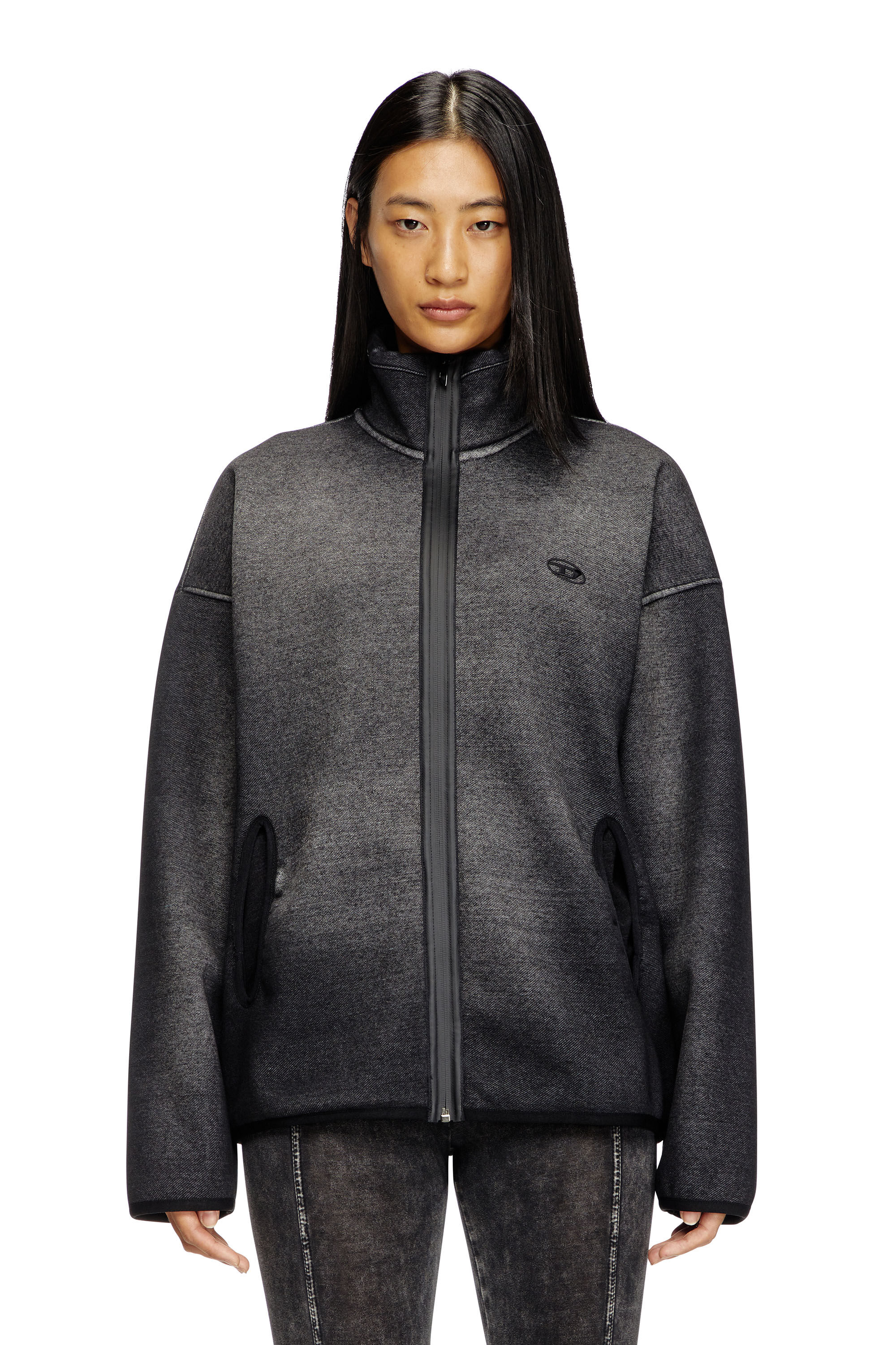 Women's Zipped hoodie in dirt-effect Track Denim | Black | Diesel