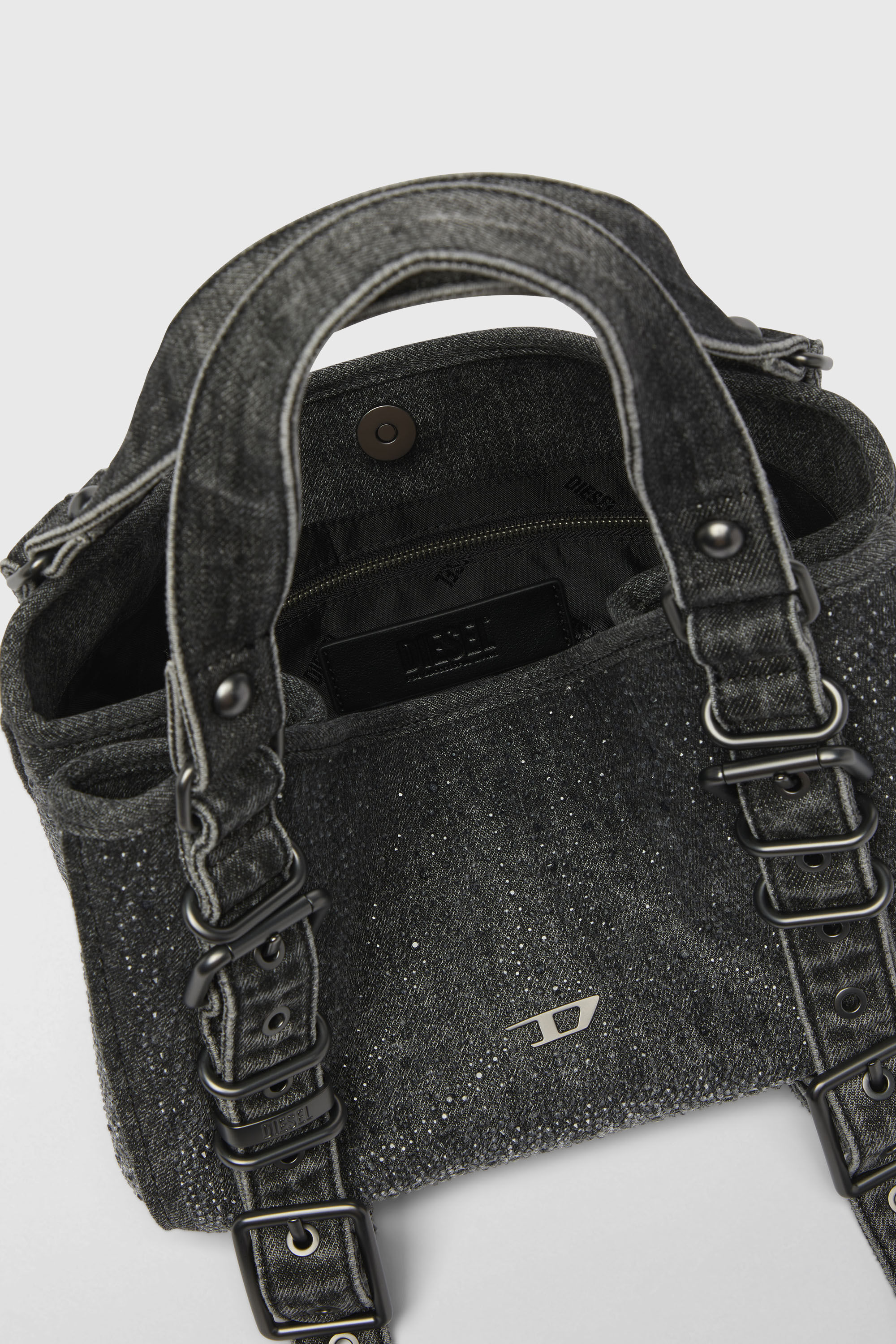 Diesel - D-ONE TOPHANDLE S, Female's D-One-Small top-handle bag in crystal solarised denim in ブラック - 3