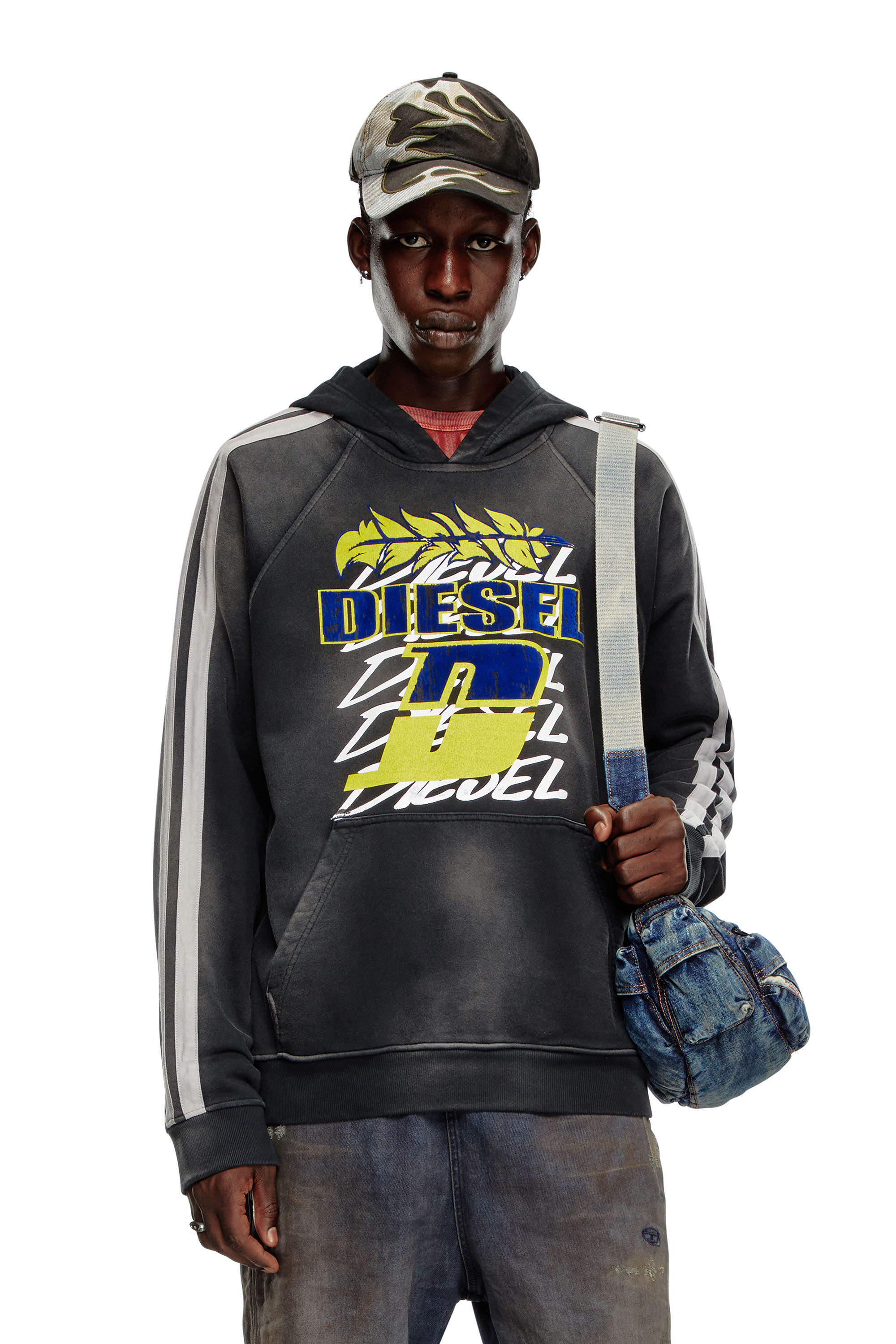 Diesel - S-ROXT-HOOD-STRIPE, Male's Treated cotton hoodie with layered prints in グレー/ブラック - 3