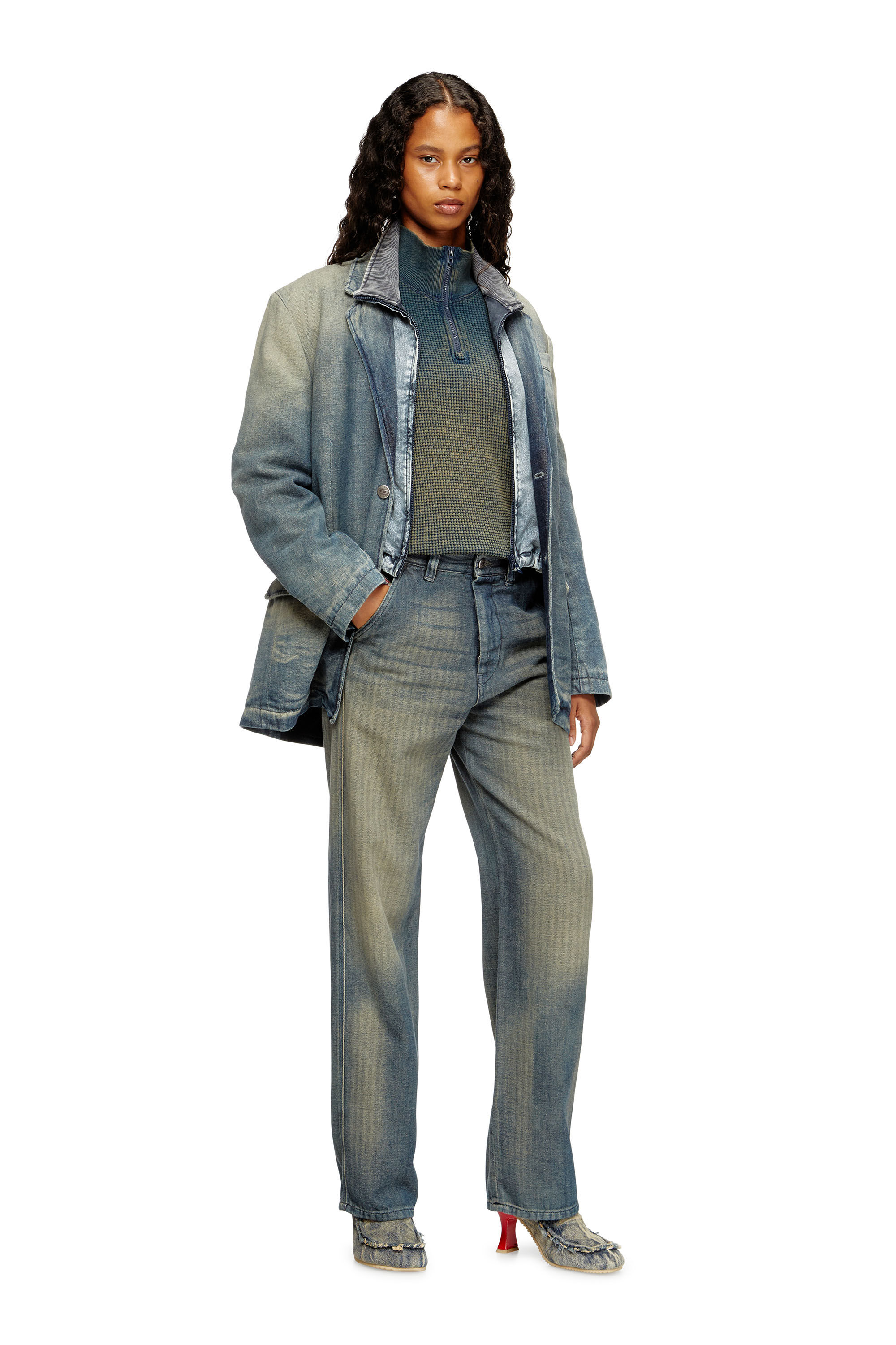 Diesel - D-REGER-D, Unisex's Blazer in dirt-effect herringbone denim in グレー/ブルー - 7