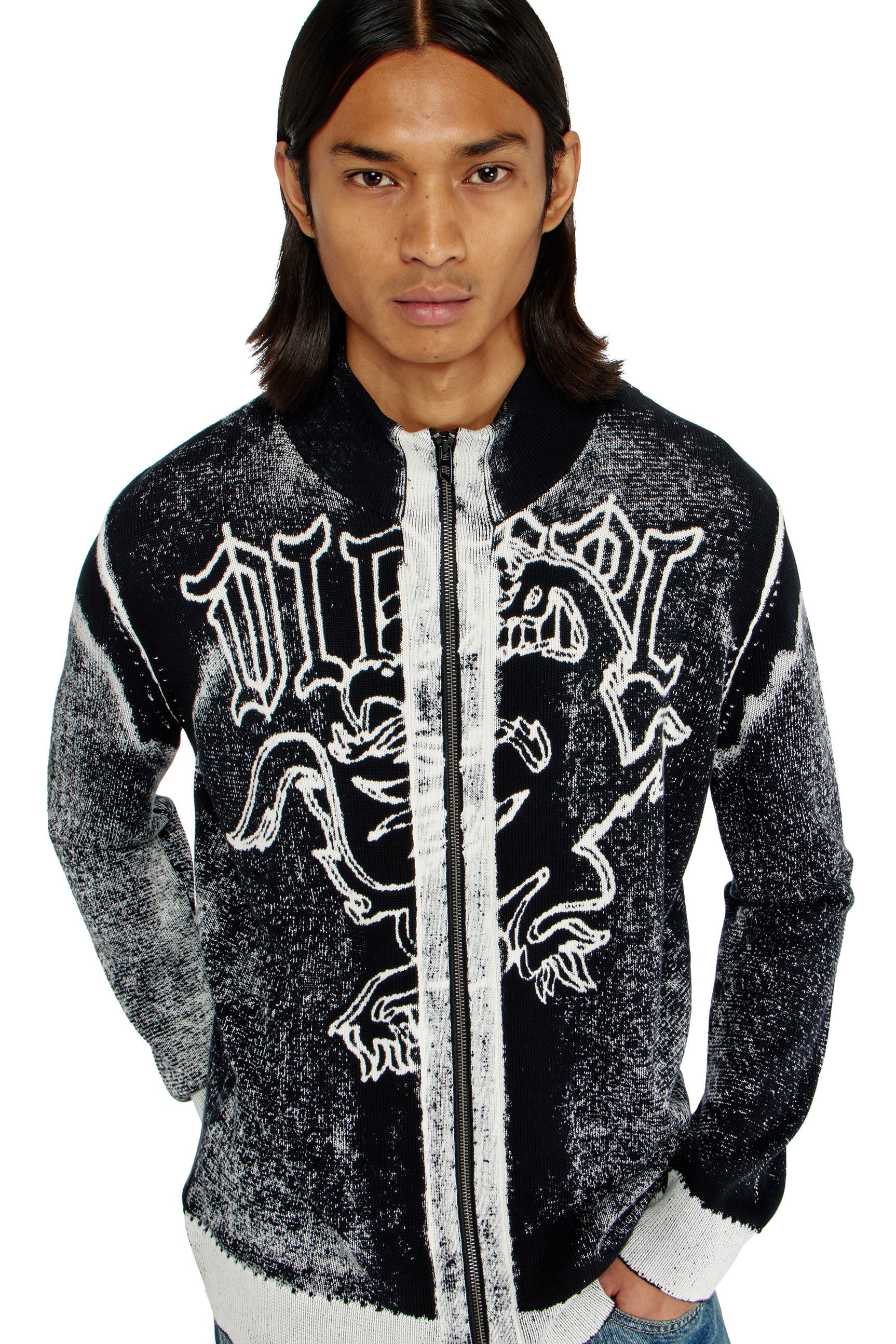 Diesel - K-LAUROS, Male's ジップアップカーディガン in ブラック/ホワイト - 4