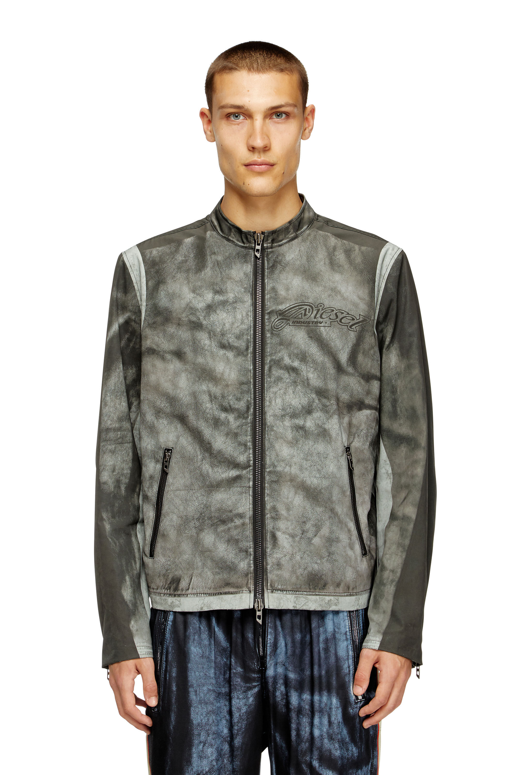 Diesel - J-EVERT, Male's Biker jacket in printed canvas in ダークグレー - 3
