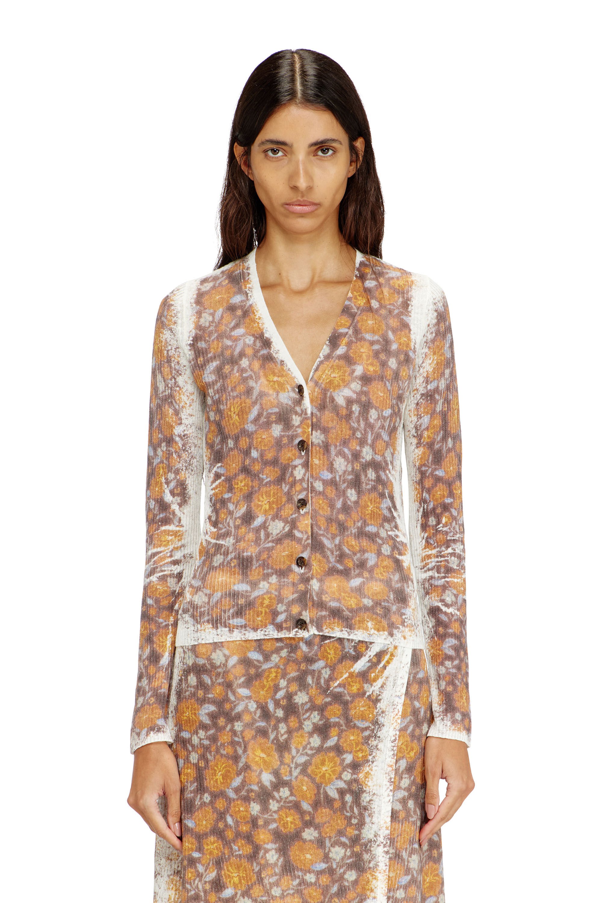 Diesel - M-BLOMIEN, Female's Floral-print cardigan in linen knit in ブラウン - 3