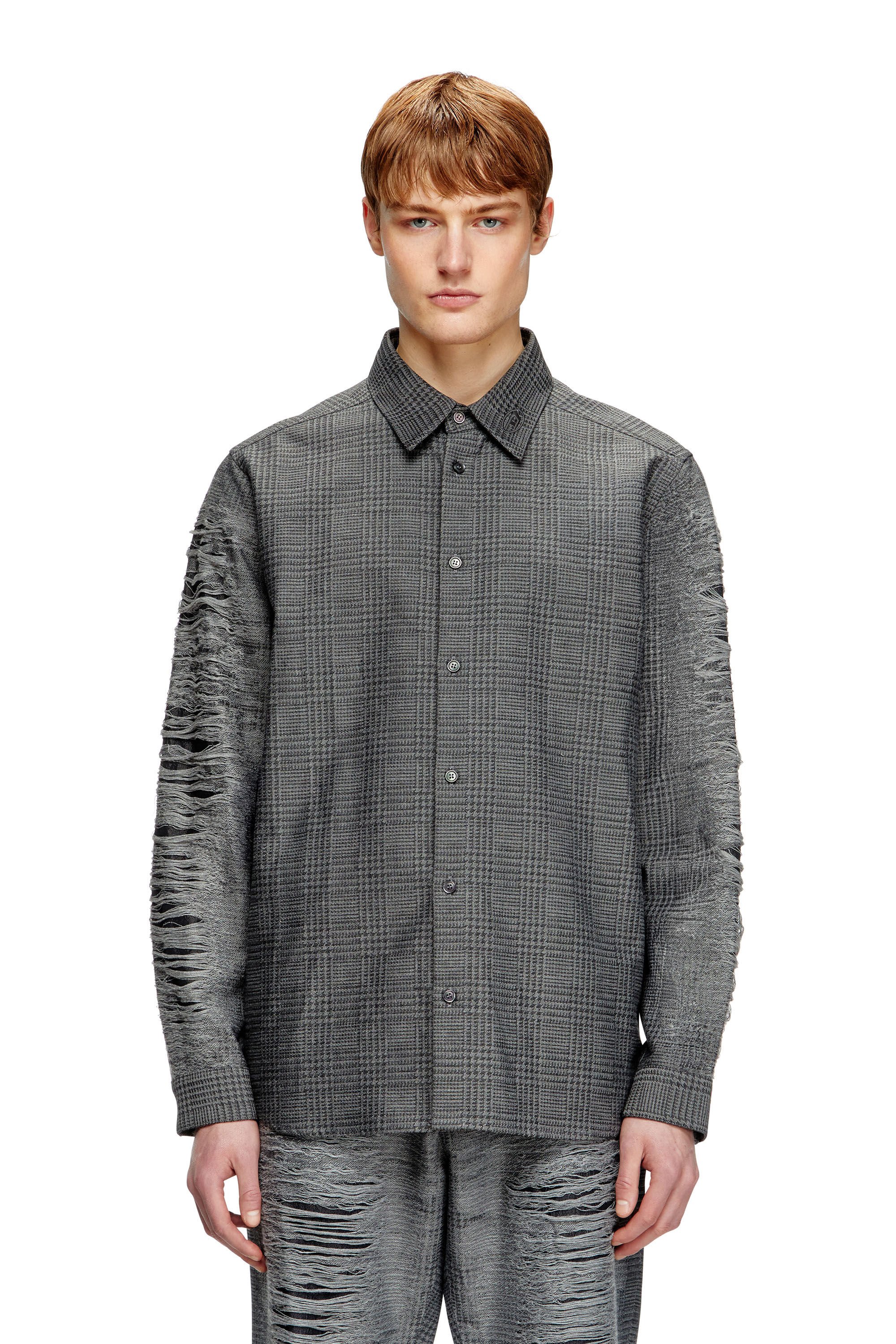 Diesel - S-OLOV, Male's Checked shirt with distressed sleeves in グレー - 3
