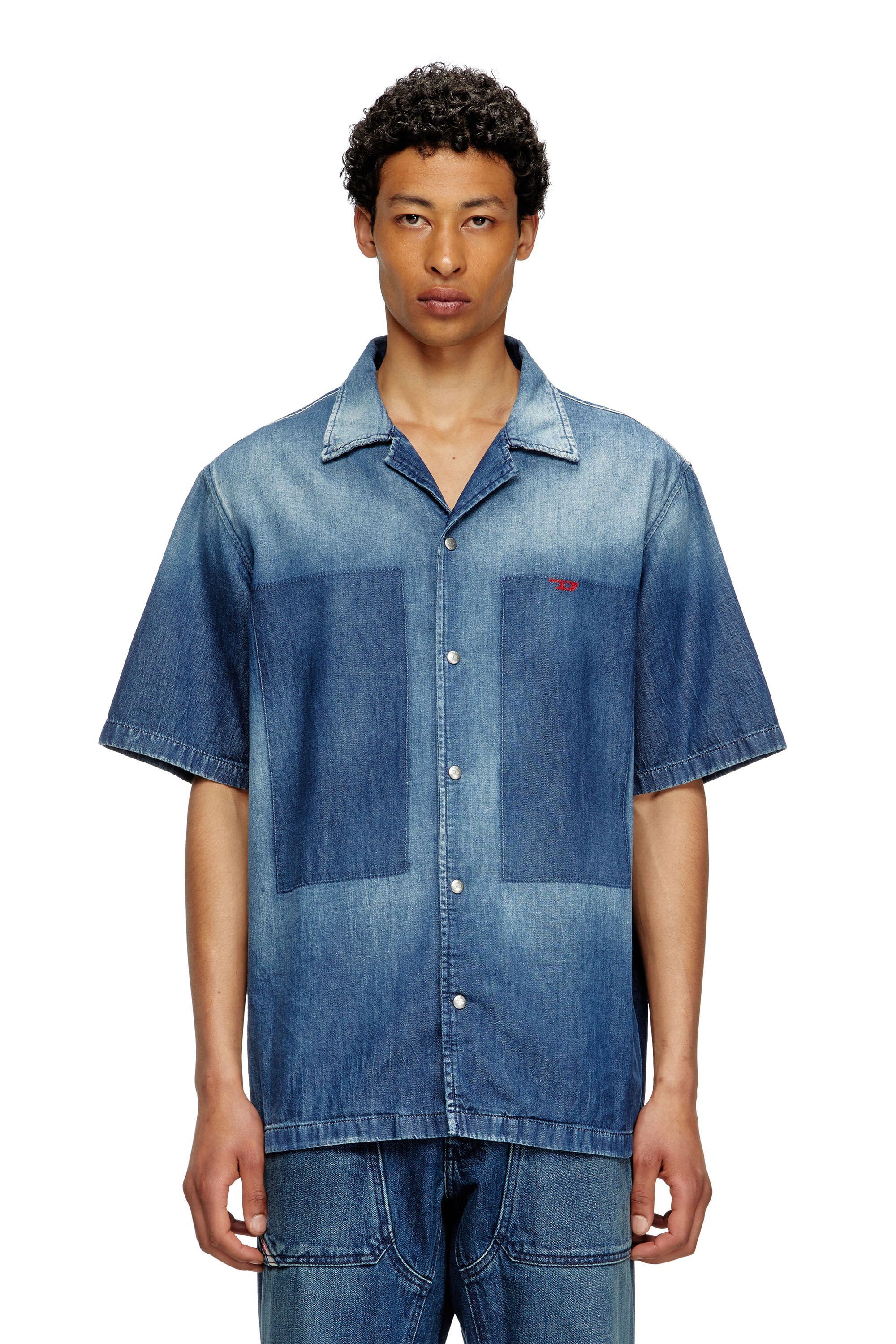 Diesel - D-NABIL-D, Male's Bowling shirt in contrast-effect denim in ミディアムブルー - 3